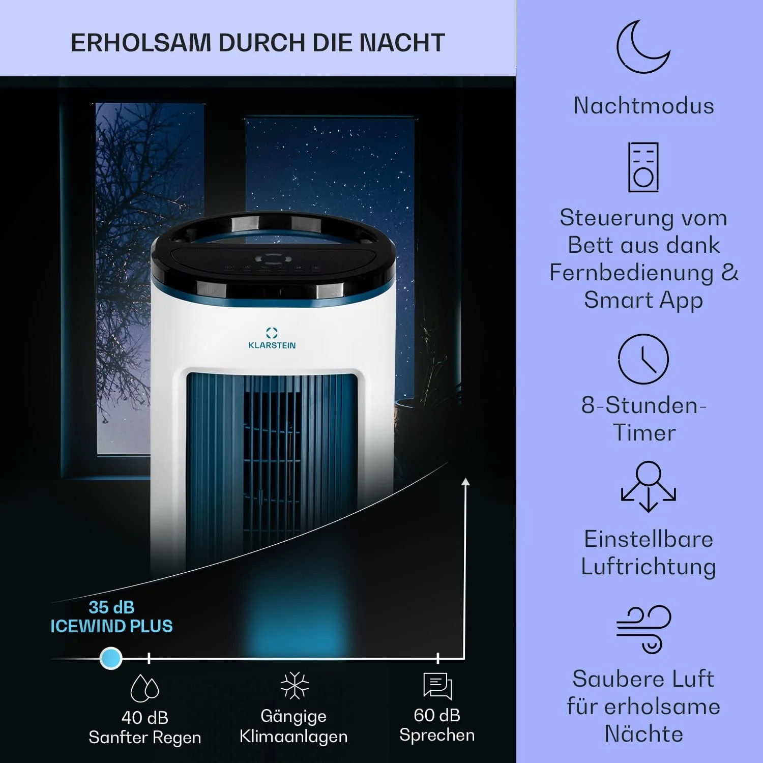 Klarstein Luftk��hler mit Wasserk��hlung, Leiser 4-in-1 Verdunstungsk��hler, Luftbefeuchter, Ventilator & Nachtmodus, Mobile Klimager?te Luftk��hler 7L, 65W Air Cooler, 330m3/h K��hlender Luftstrom