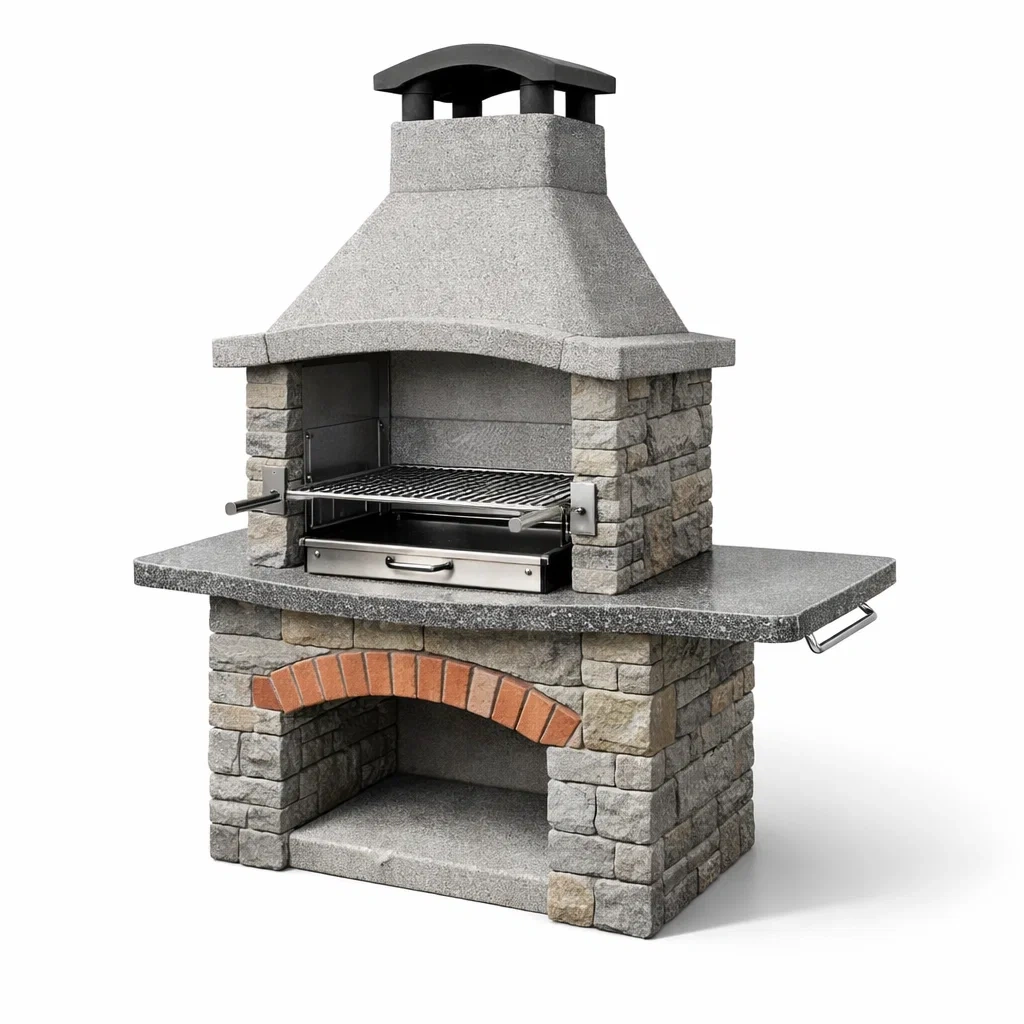 Barbecue in pietra e metallo con griglia regolabile