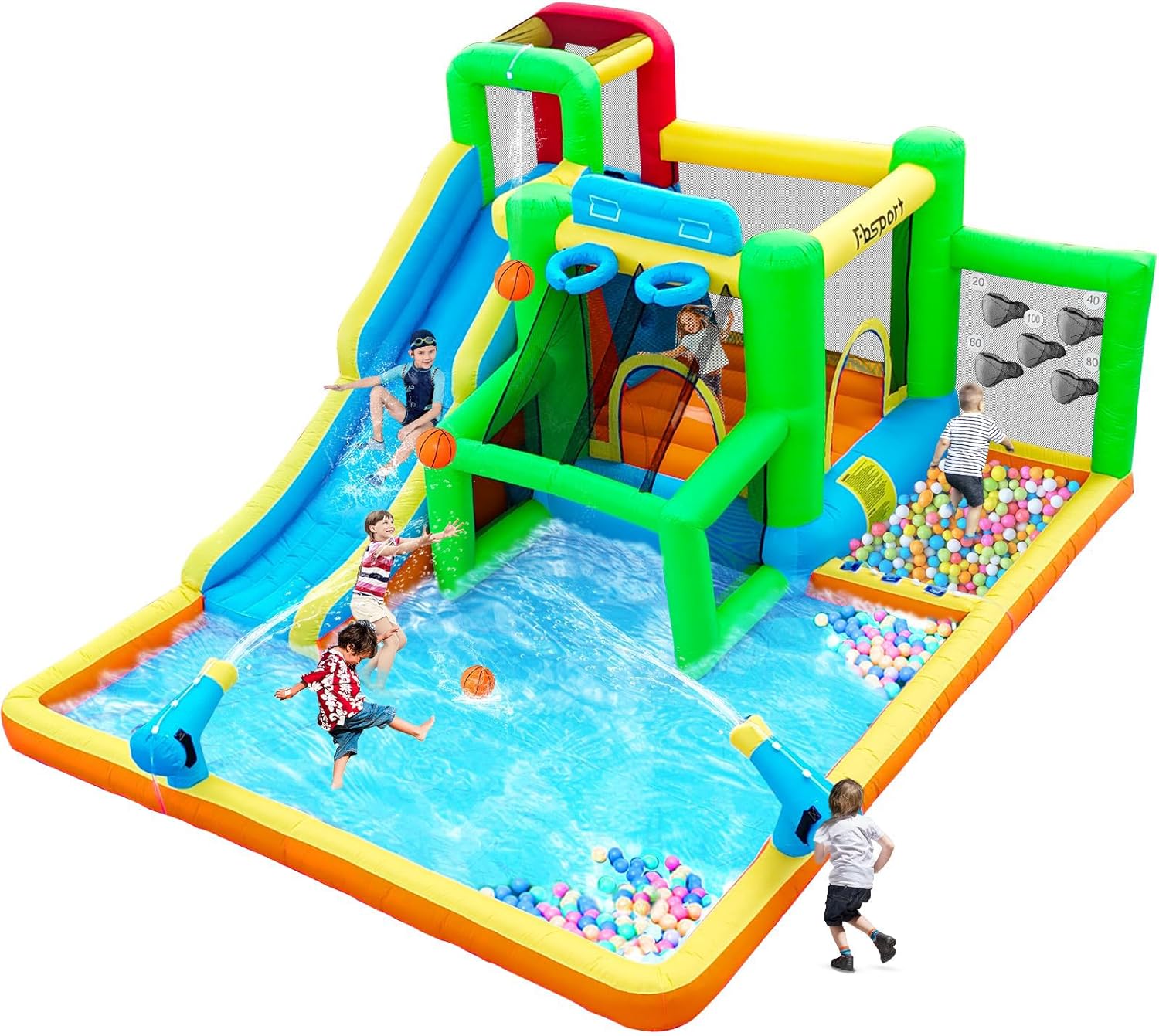 Castello Gonfiabile per Bambini, Parco Acquatico a Secco/Scivolo per Interno Outdoor, Castello Gonfiabile Gigante con Piscina Parete Arrampicata Trampolino, Fino a 4 bambini/140KG, 425 x 355 x 215 cm