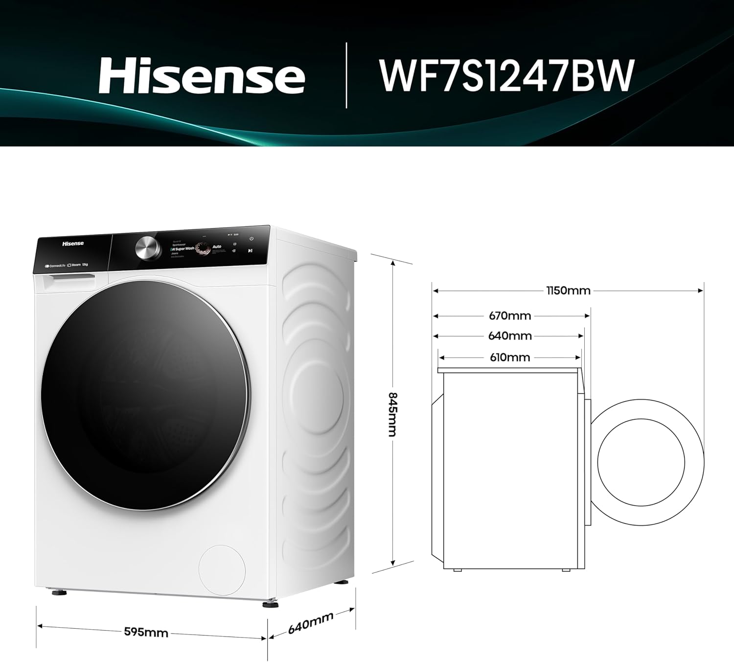 Hisense WFVB7012EM Front Load Washing Machine 7 kg 1200 rpm 15 Programs Steam LED Display Rapid Program Delay Start Child Lock