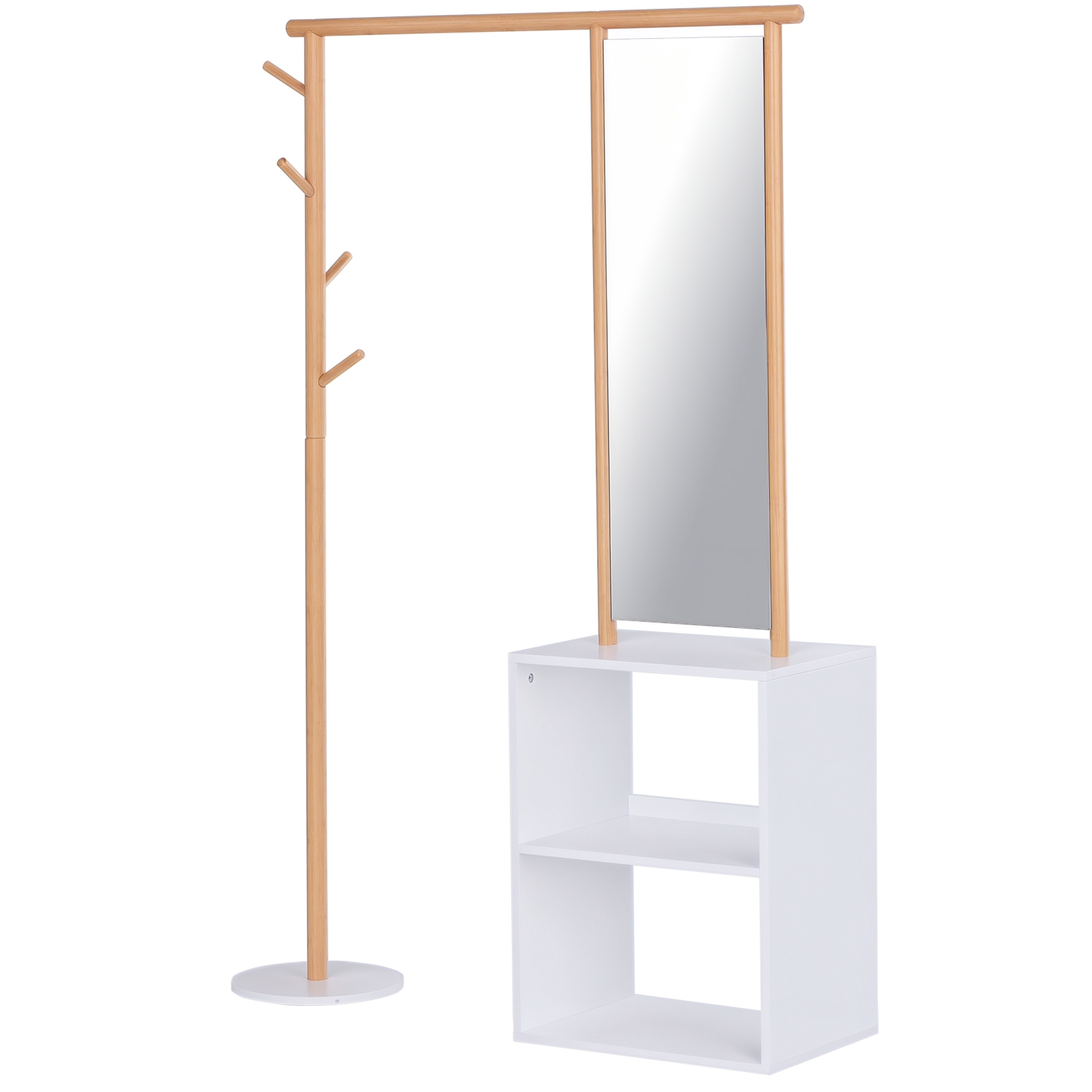 HOMCOM Garderobenständer mit Schminkspiegel, Kleiderständer mit Regal, 4 Haken, Bambus, Natur, 100 x 34 x 164 cm