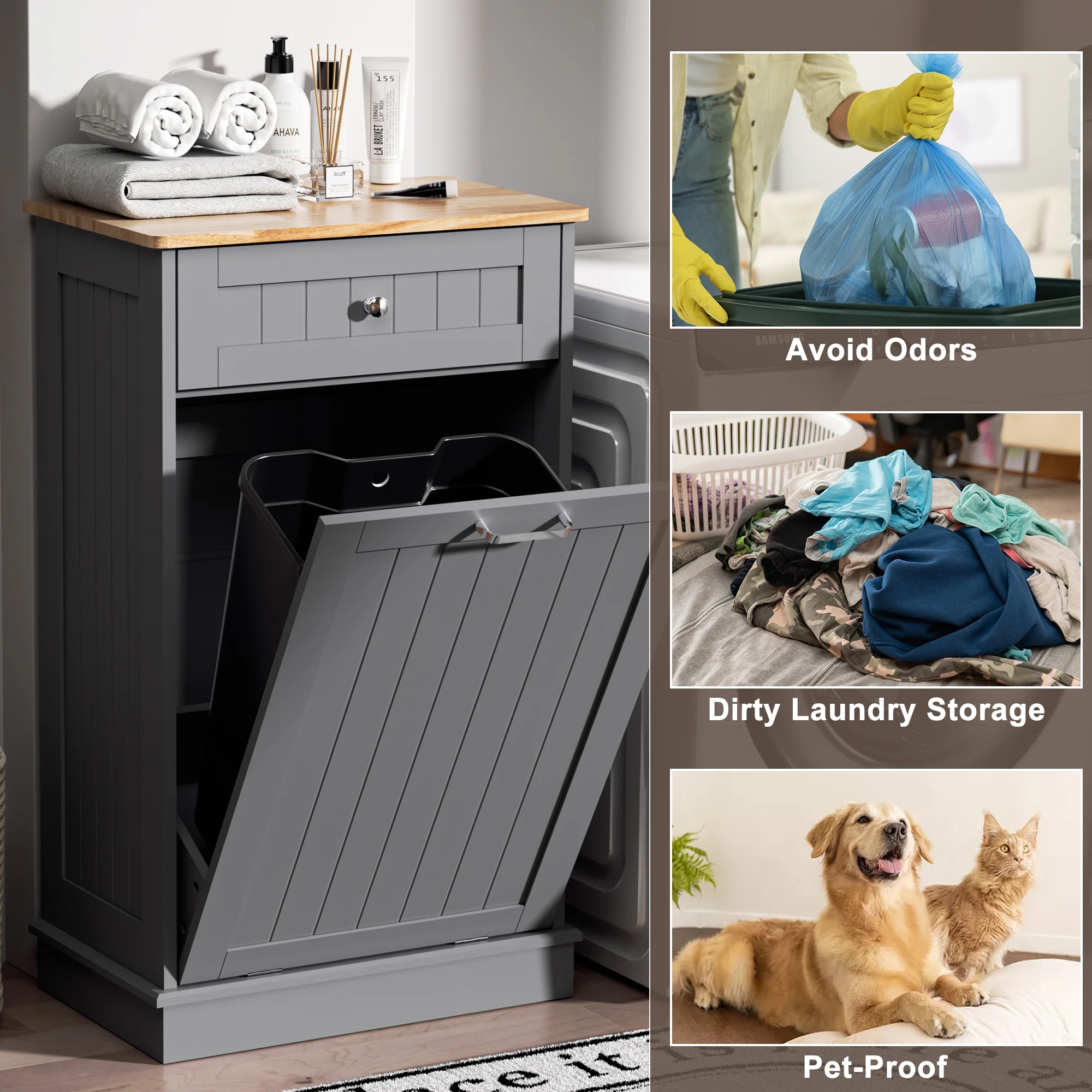 HARIPUL Single Tilt Out Trash Cabinet for 13 Gallon Waste Bin, Free Standing Kitchen Trash Can Cabinet with Drawers, White