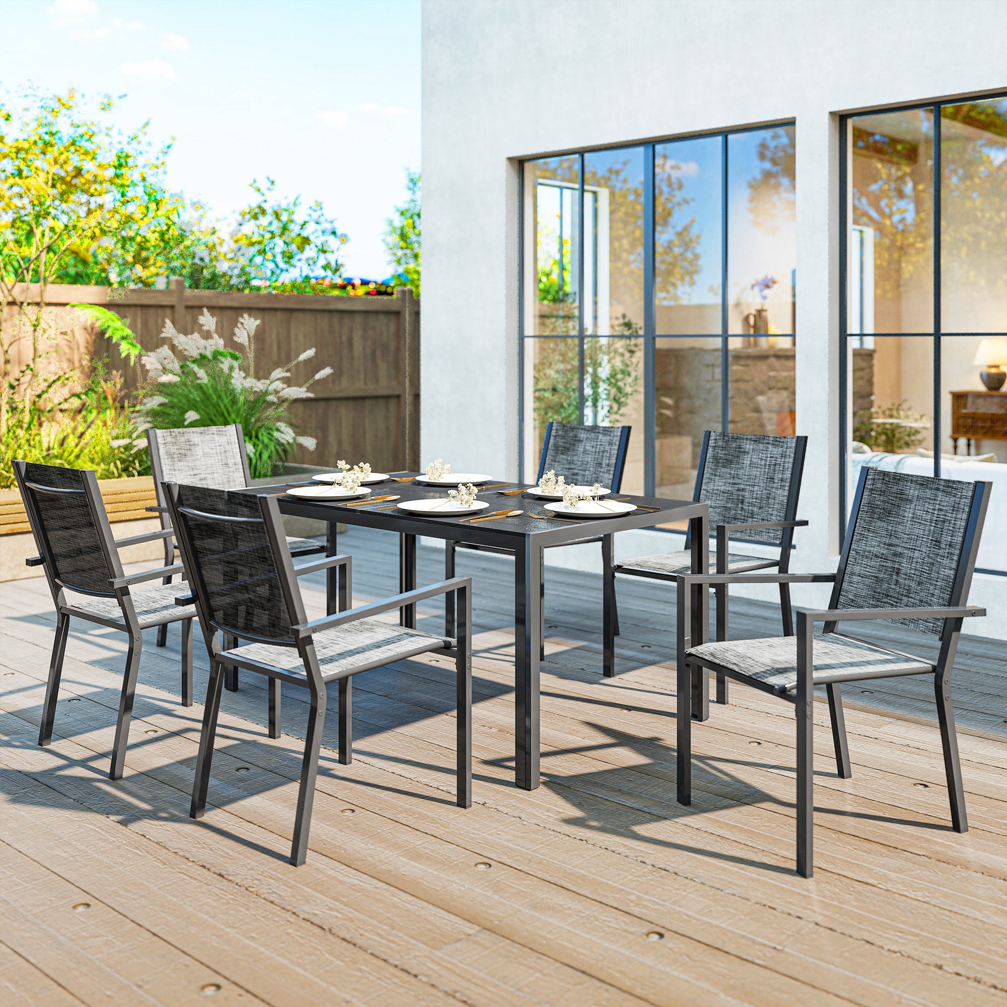 Outsunny Gartentisch im Freien mit 6 stapelbaren Stühlen, Latten-Platte 150 cm, rostfreier Stahlrahmen, Schwarz