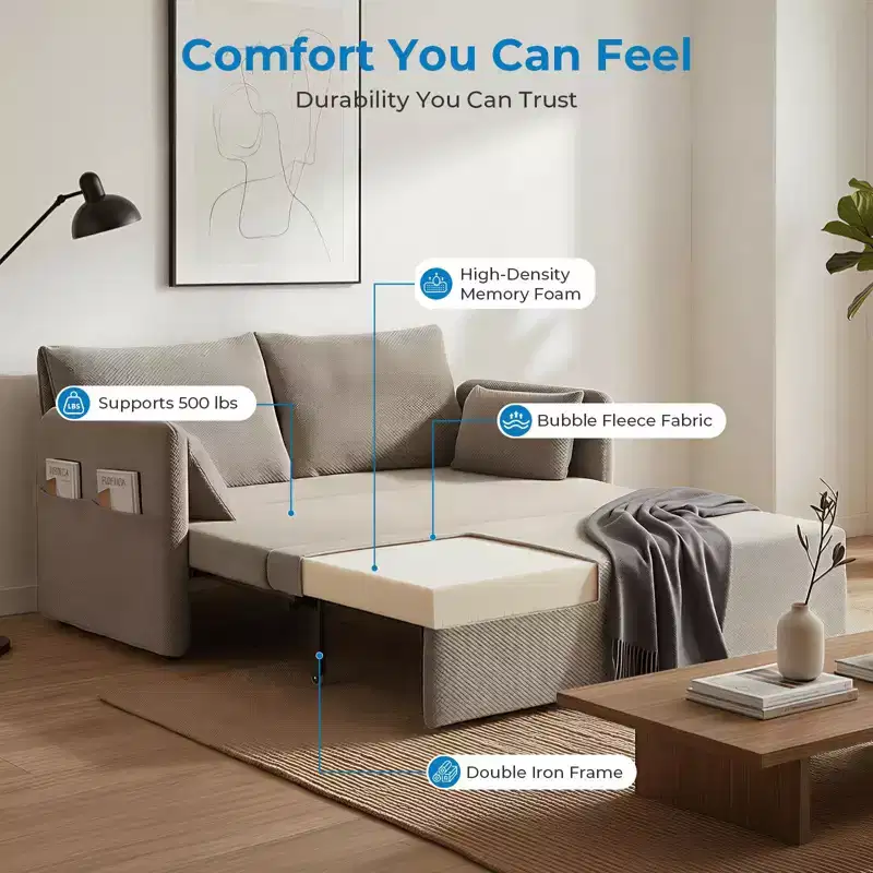 Convertible Sofa Bed with Adjustable Backrest, Bubble Fleece