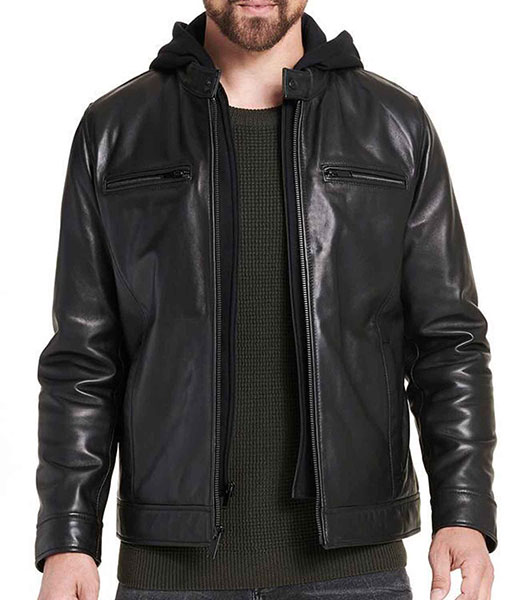 Men’s Causal Smooth Black Leather Jacket with Hood