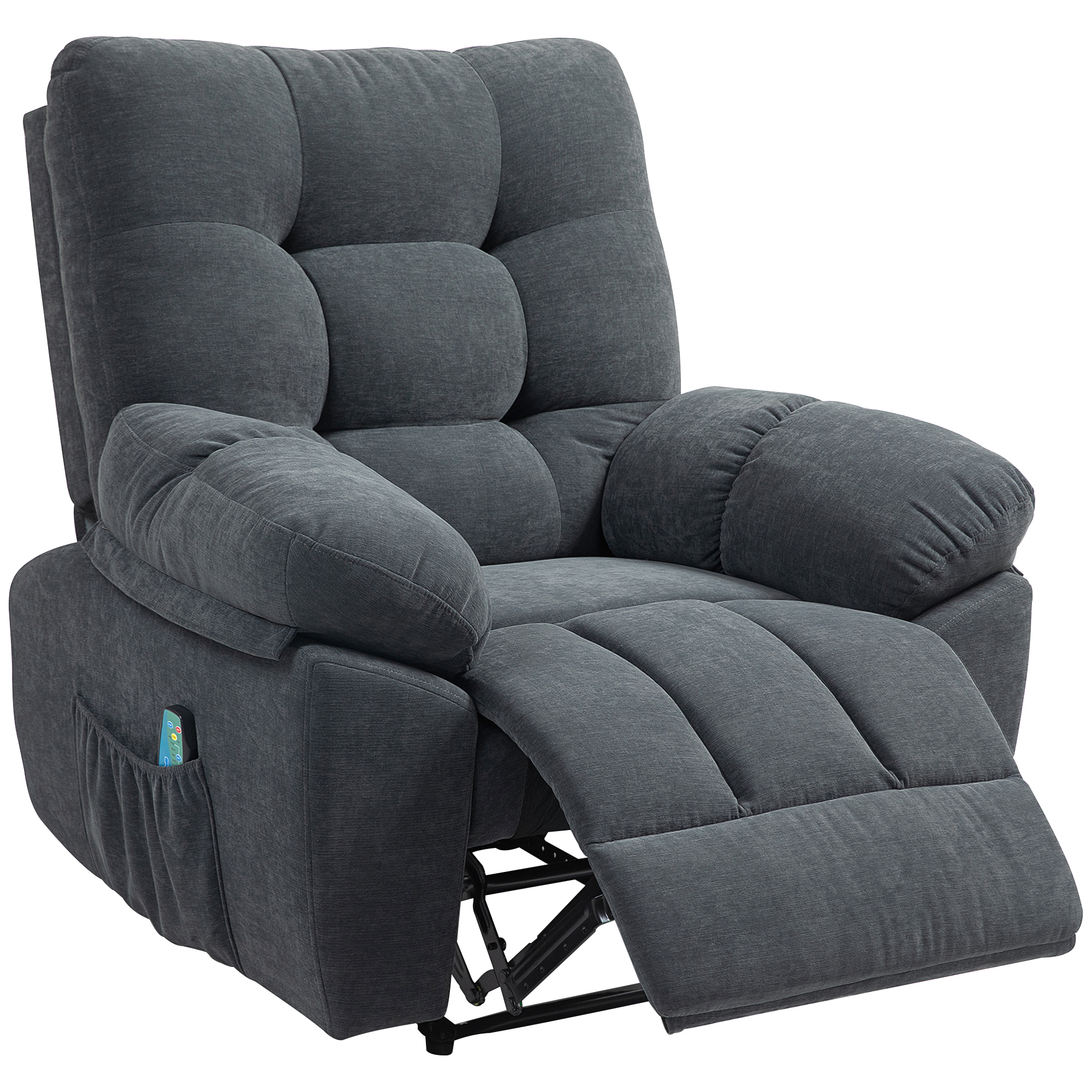 HOMCOM Recliner-Sessel, Massage-Polstersessel mit 8 Vibrationspunkten, verstellbare Fußstütze, Seitentasche, Lehnsessel, Grau