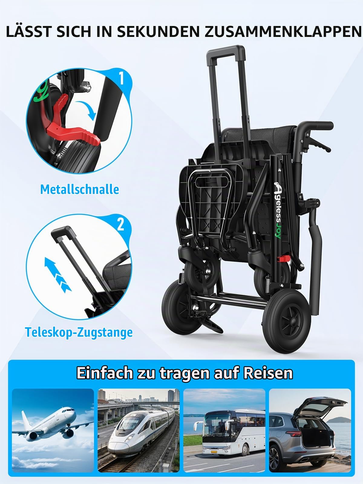 Faltbarer Ultraleicht Rollstuhl ca. 9 kg mit Teleskopgriff, All-Terrain-Räder, Sicherheitsgurt und Aufbewahrungstasche