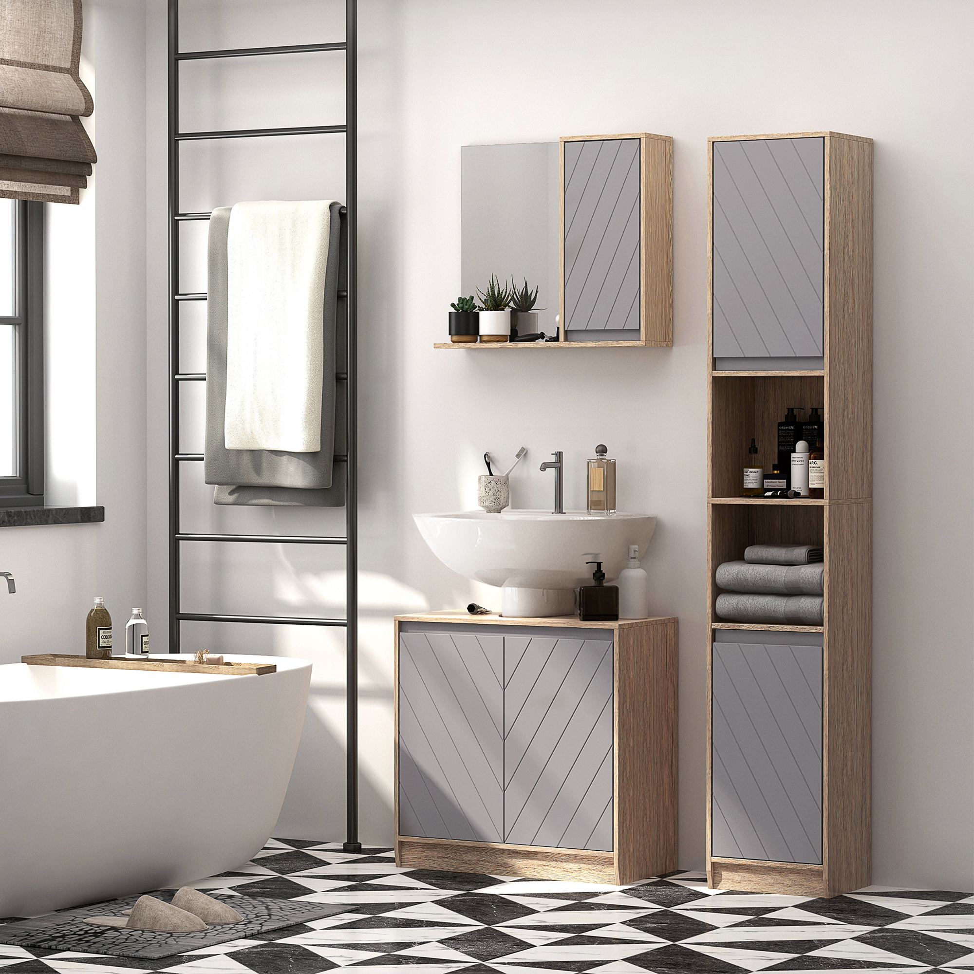 HOMCOM Waschbeckenunterschrank, Badezimmerschrank mit 2 Türen, Waschtischunterschrank, Braun + Grau