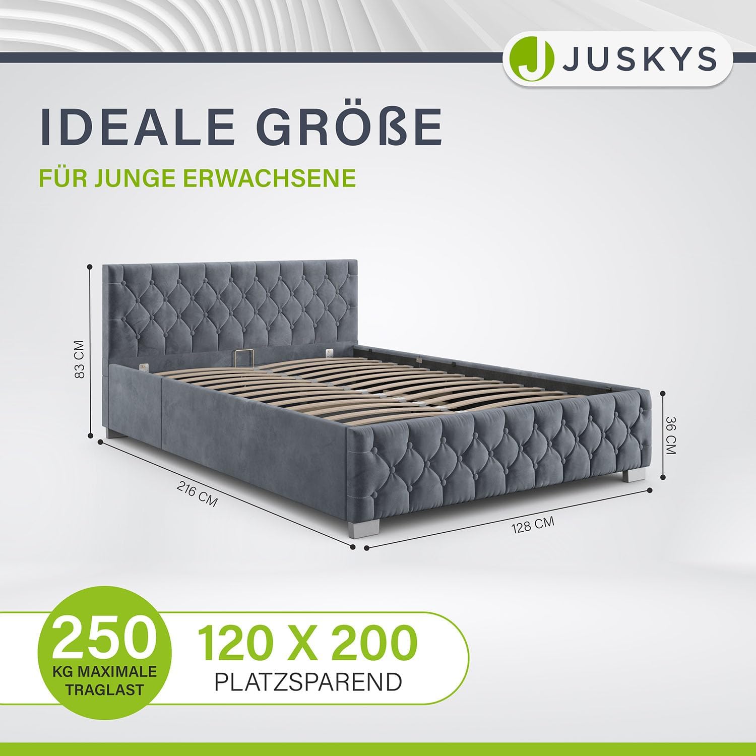Juskys Polsterbett Nizza 120x200 cm Samt mit Stauraum, LED Beleuchtung & Lattenrost - Chesterfield Steppung & Kopfteil - Bett Bettgestell - Grau