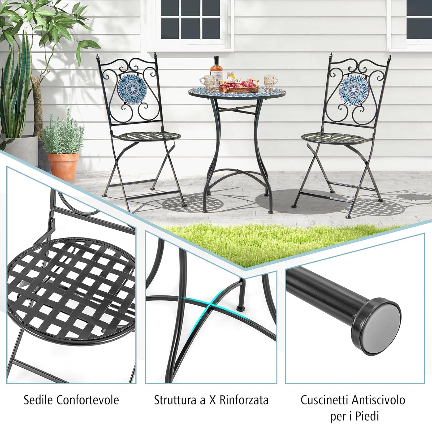 GYMAX Garden Table and Chairs Set, Round Side Table and 2 Folding Chairs with Backrest, Metal Frame, Modern Mosaic Look for Balcony, Patio (Style 2)
