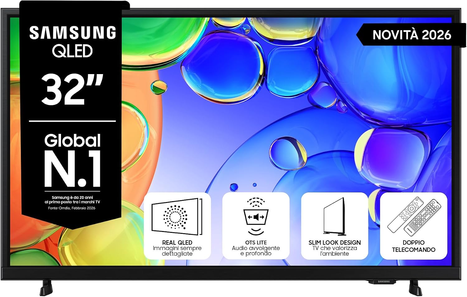 Samsung Smart TV 32' QE32Q5FAAUXZT QLED, Full HD, Real QLED, Quantum HDR, Contrast Enhancer, OTS Lite, Adaptive Sound, Gaming Hub, Slim Look Design, Edizione Speciale PACCHETTO INTRATTENIMENTO, 2026