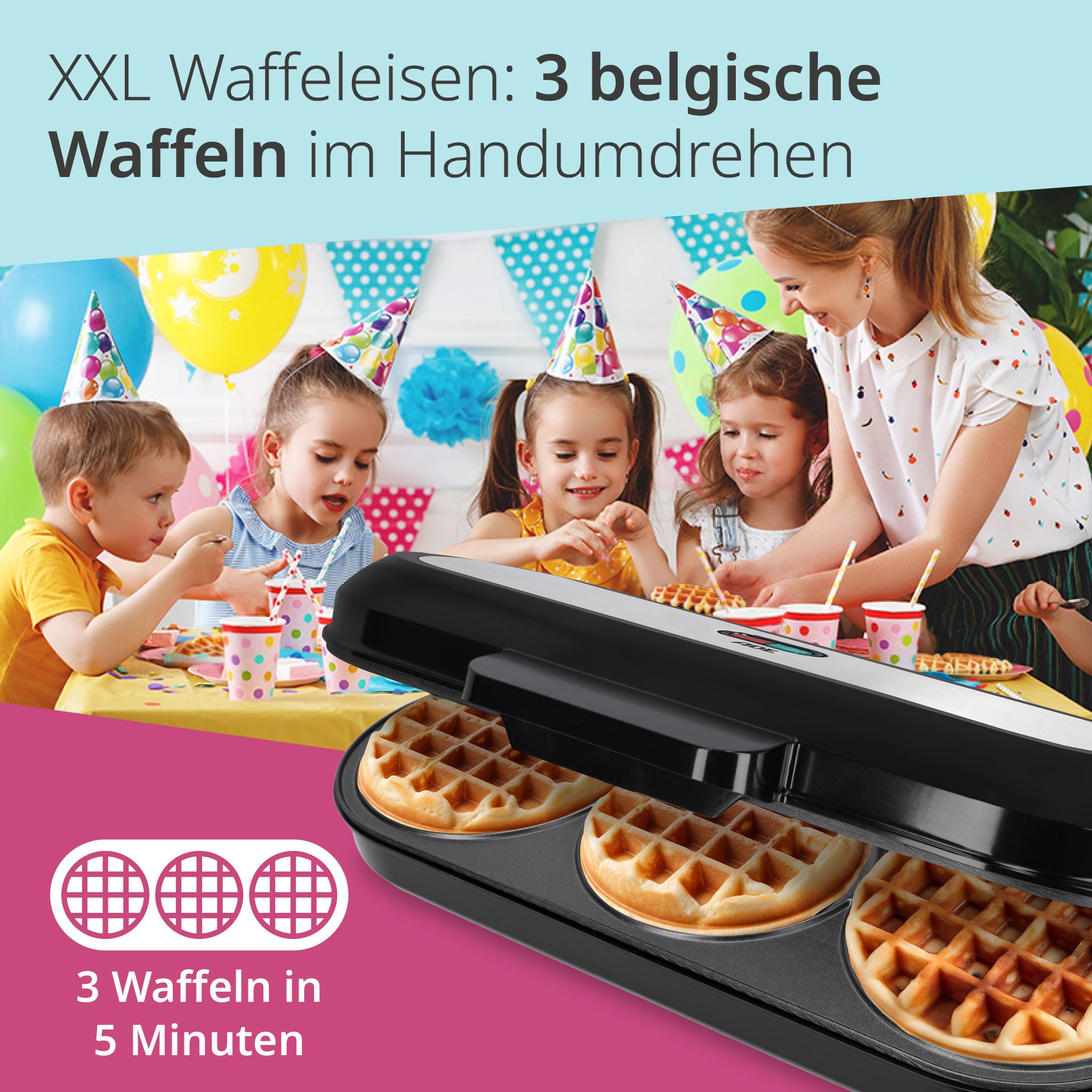 Waffeleisen XXL mit 3 Platten für kleine belgische Waffeln