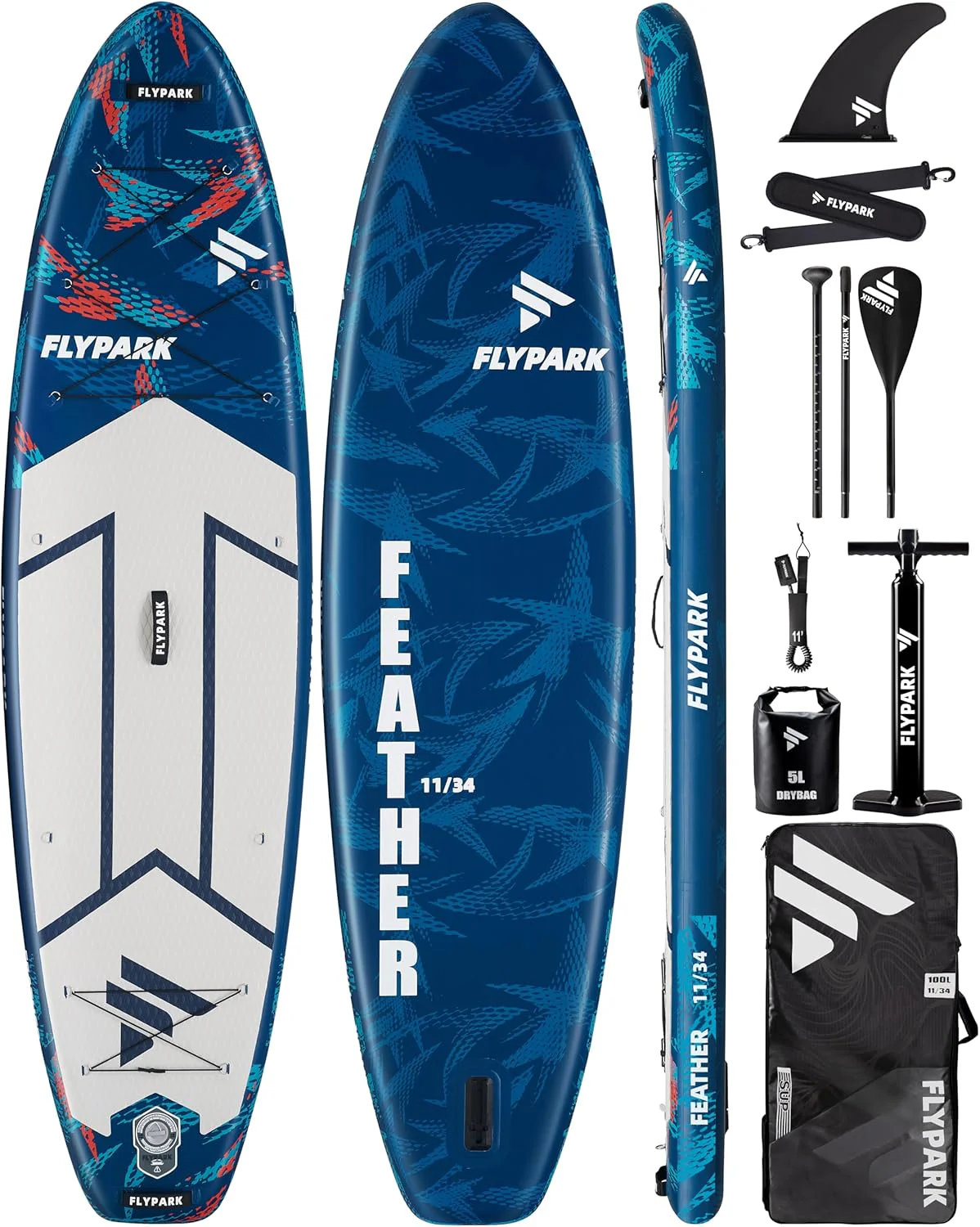 11-inch x 34-inch inflatable paddleboard, ultra-wide SUP equipment, capable of carrying 420 pounds / 3 adults, yoga standing paddleboard, 110-liter backpack, 15 D-rings, shoulder straps, dual-action inflatable pump