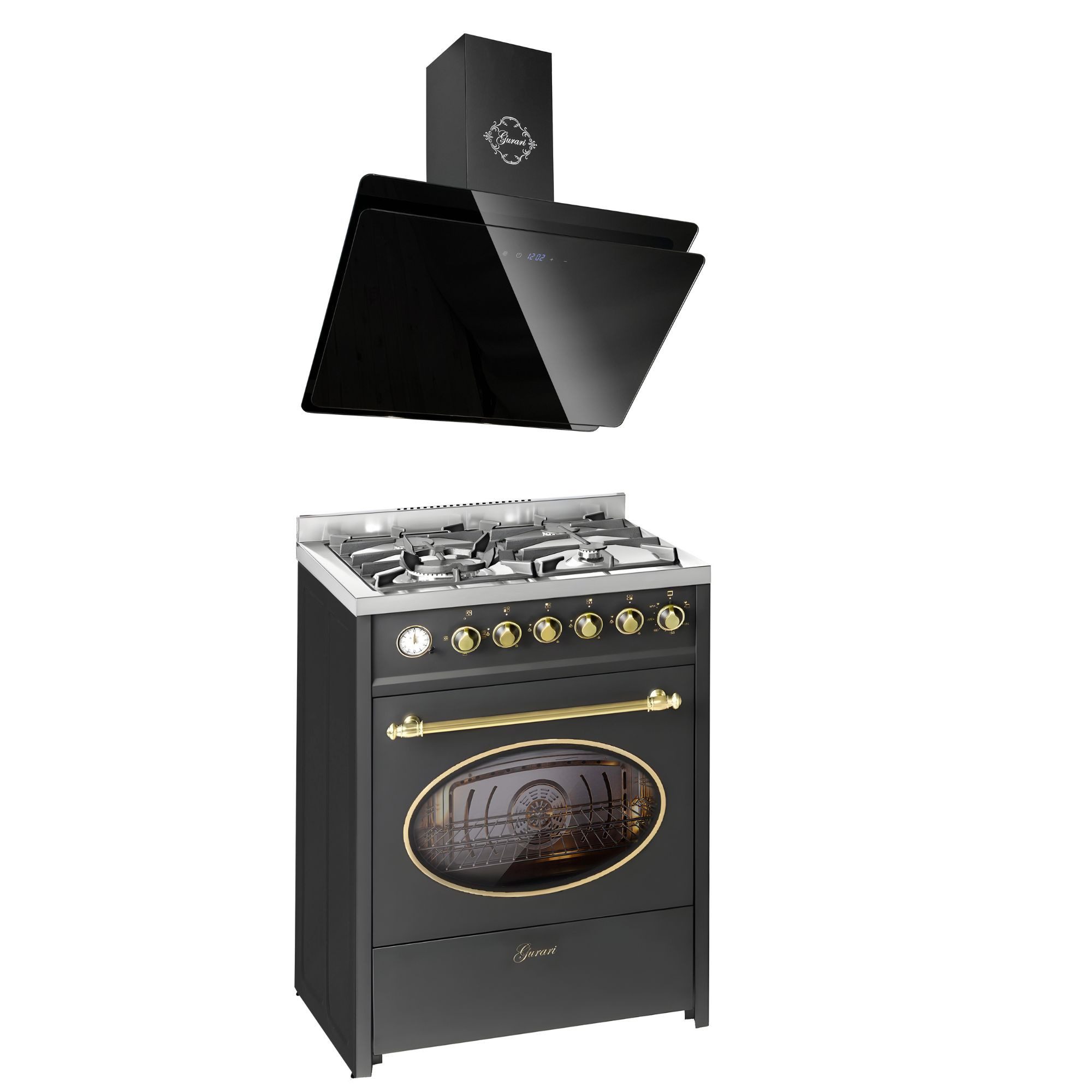Gas-Standherd Retro Gas Elektro Standherd 60 cm Erdgas Fl.Gas 4 Kw WOK, 8 Funktionen+Dunstabzugshaube,60 cm, 1000 m³/h E 614 BL r+GCH S 411 60 BL PRIME N