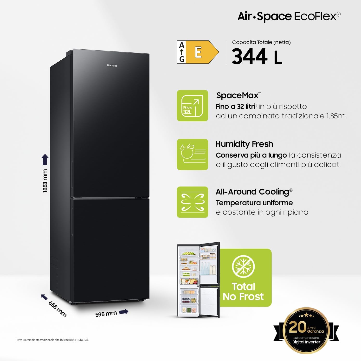 EcoFlex Frigorifero Combinato RB33B612EBN/EF, Wifi, All-Around Cooling, Space Max, Total No Frost, 344 L, LxAxP: 59,5 x 185,3 x 65,8 cm, New Empire Black