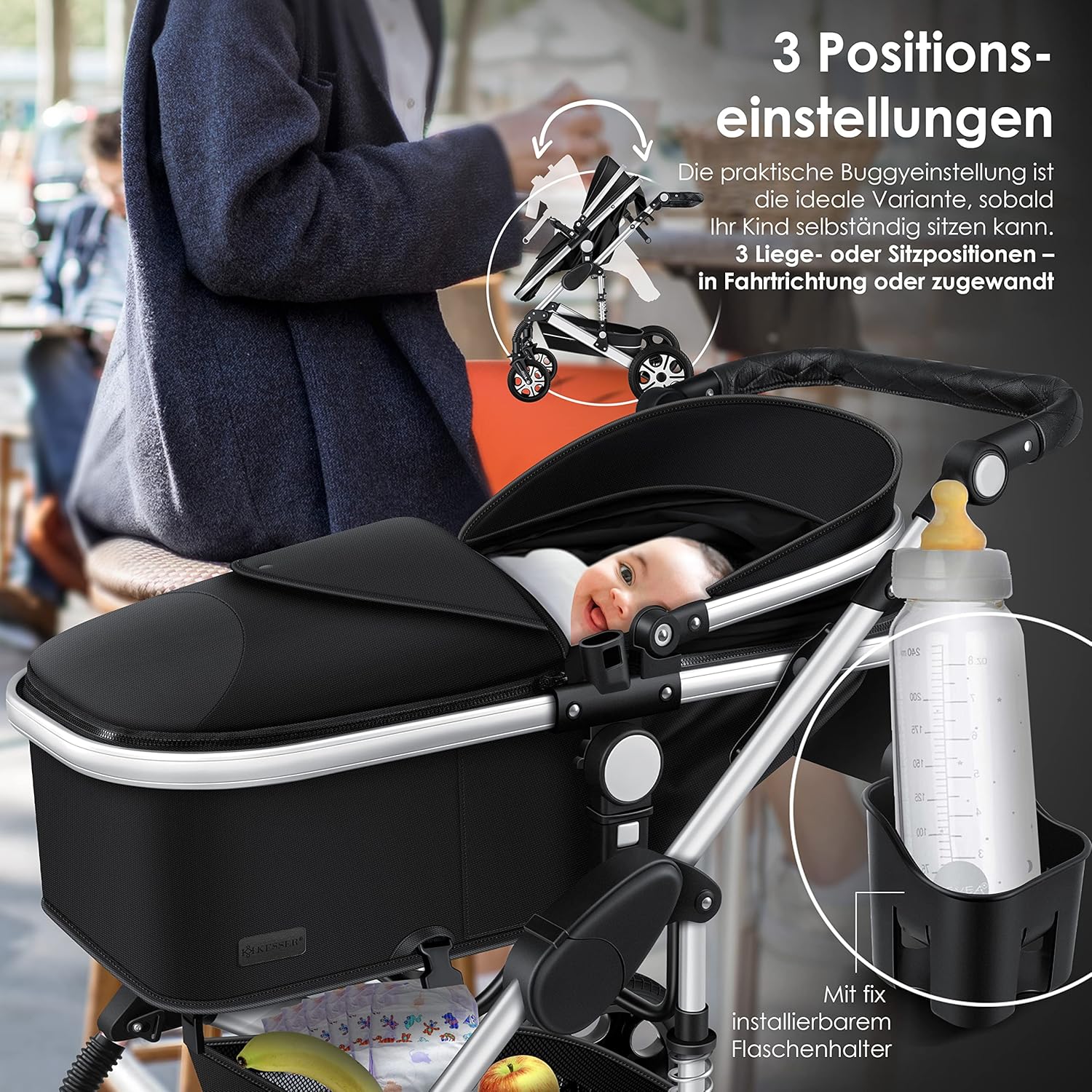KESSER® Loops 3 in 1 Kinderwagen Kombikinderwagen Komplett-Set inkl. Babywanne & Buggy Sportsitz & Auto-Babyschale Voll-Gummireifen Wickeltasche Regenschutz Kindertisch ECE R129, Schwarz/Schwarz