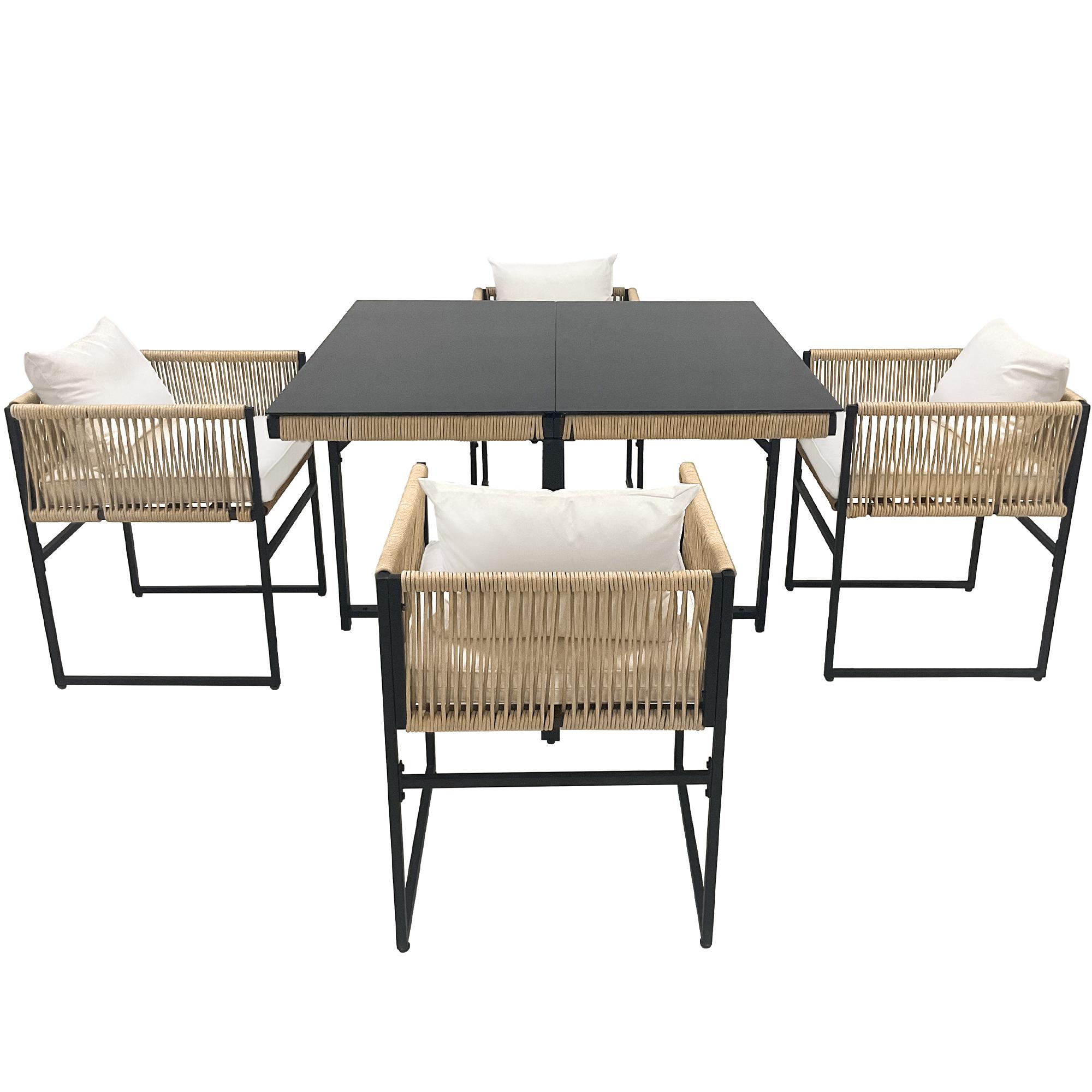 5-teilige Garten-Essgruppe mit Esstisch und 4 stapelbaren Stühlen, Beige