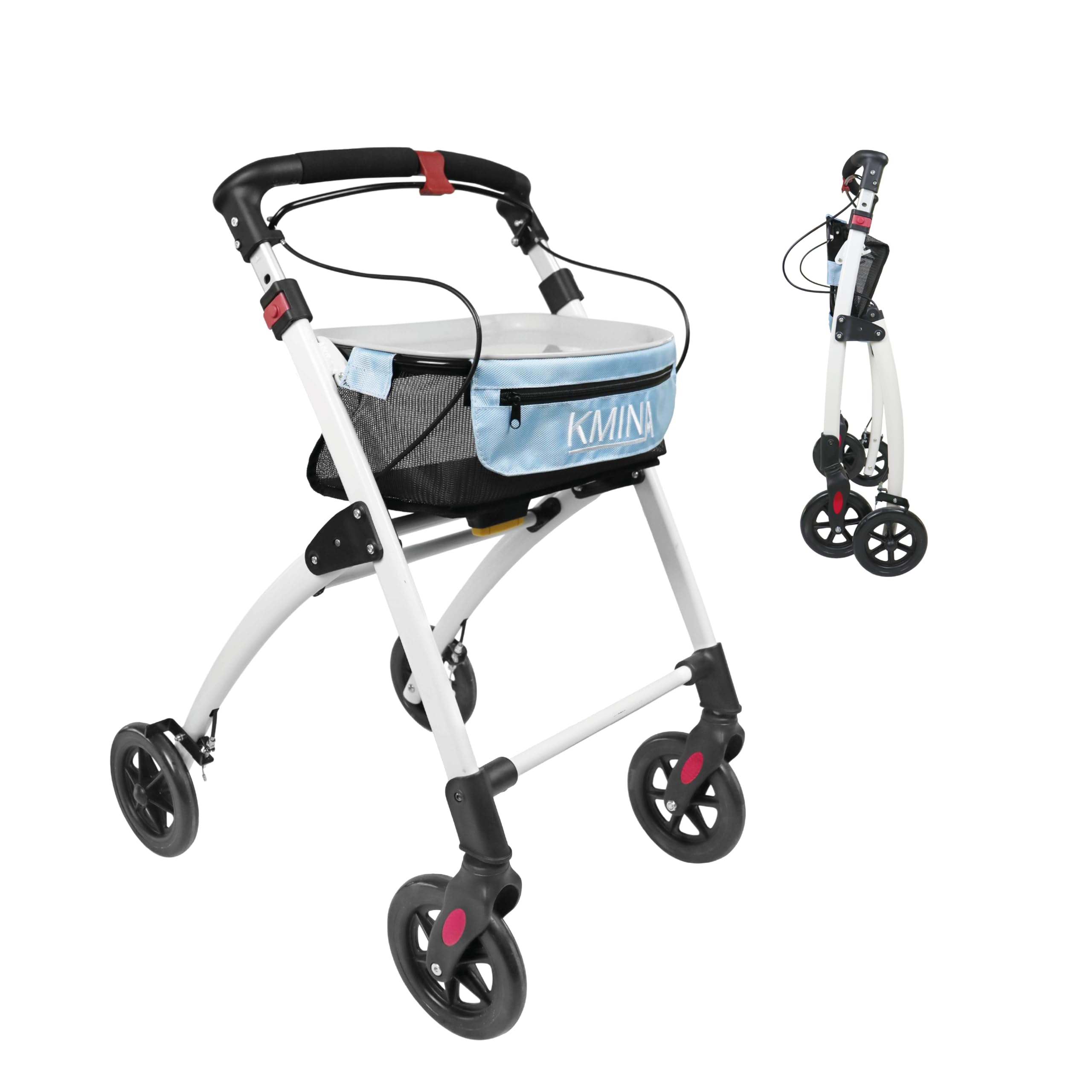 Schmaler Rollator für Wohnung faltbar und leicht mit Tablett blau kompakte Gehhilfe für Senioren