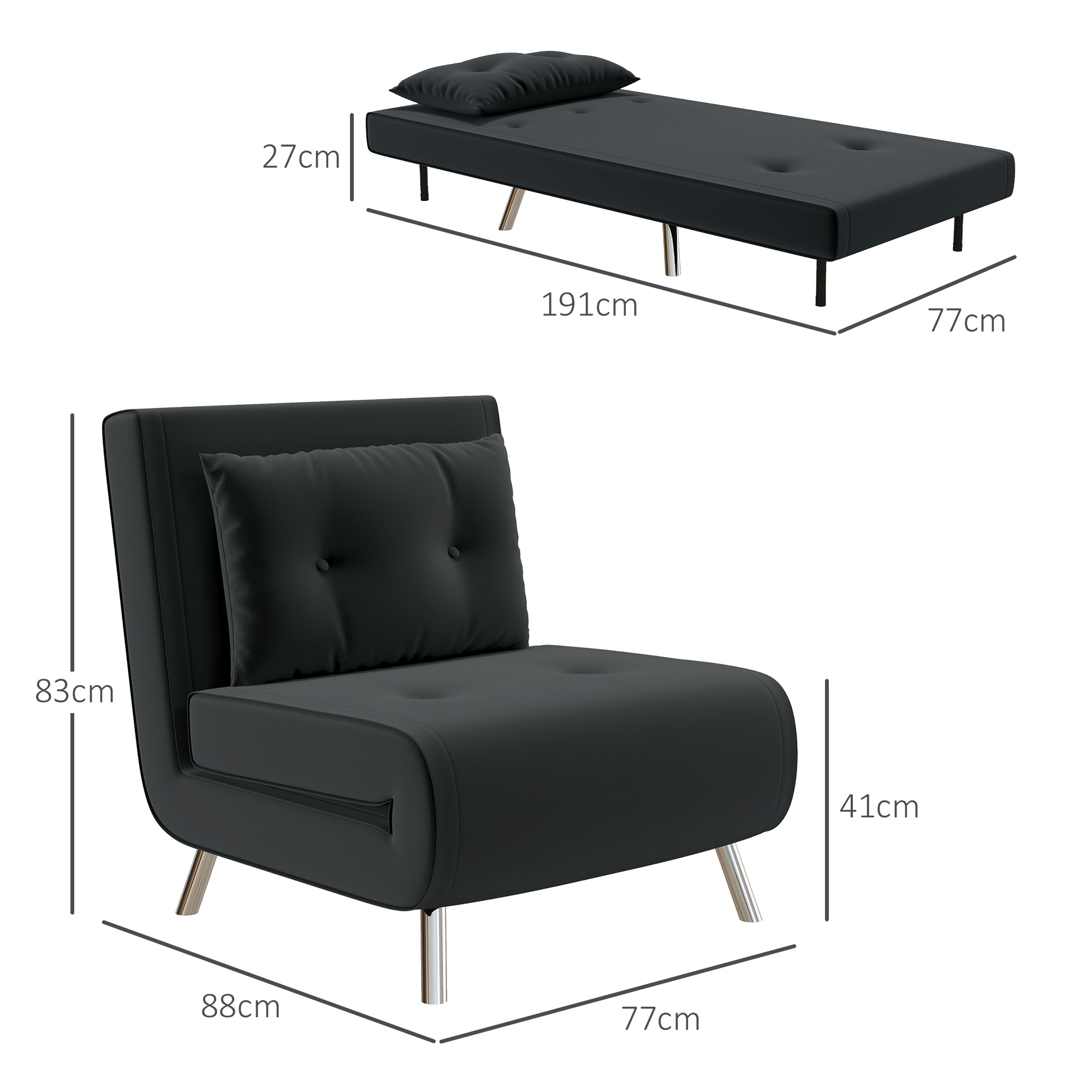 Ligstoel Stoel met Ligfunctie Slaapstoel, Knoophechting, fluweeloptiek, 77 cm x 88 cm x 83 cm, Zwart