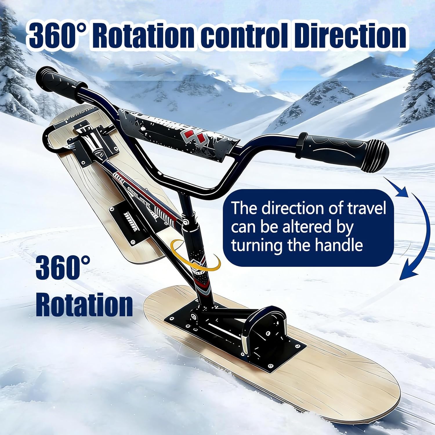 Schneescooter-Schlitten für Erwachsene, Gleitski-Snowboard mit Gummigriffen, Snowboard-Schlitten,Sportarten, professionelles Schneemobil für jedes Gelände, Tragkraft 100 kg Black