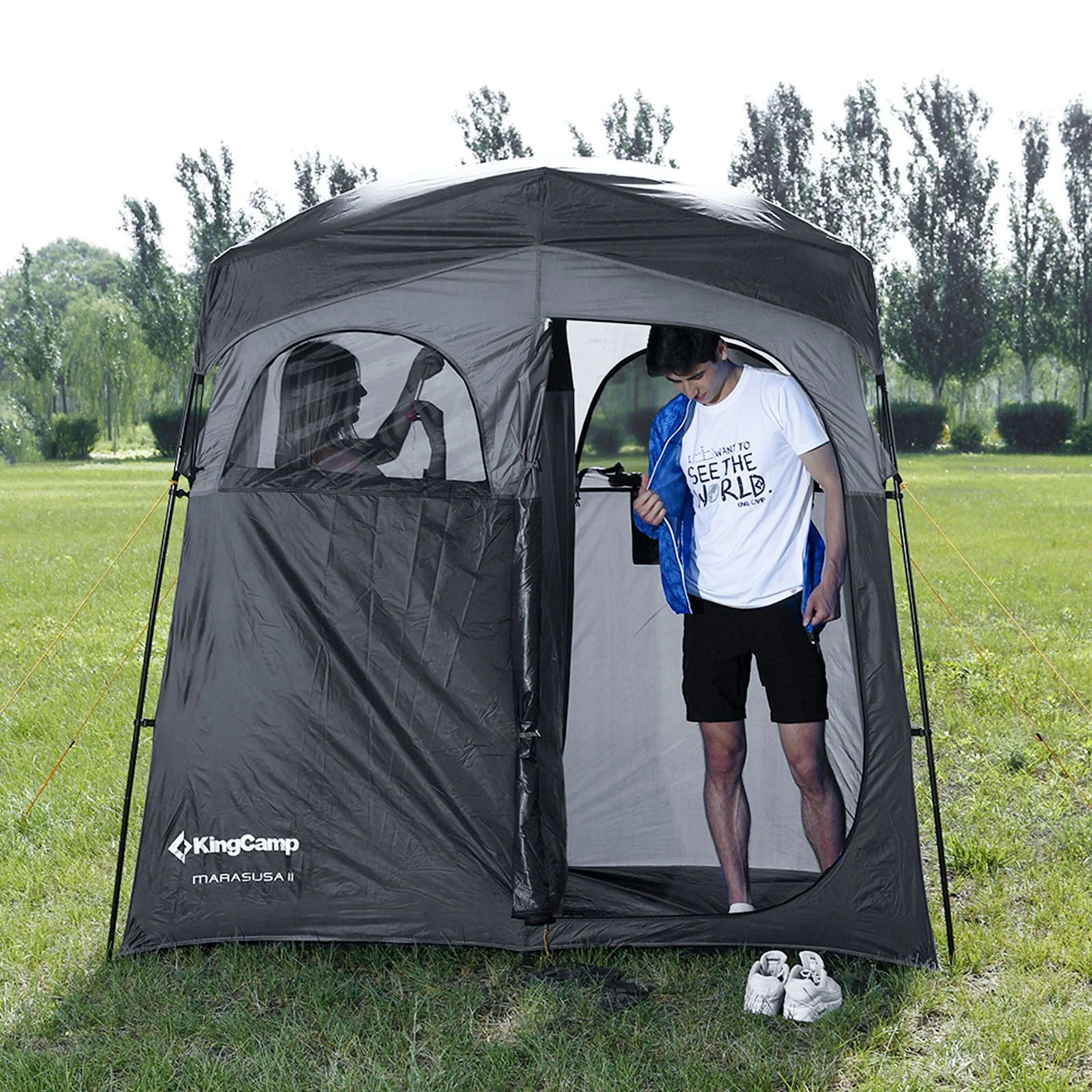 2025 KingCamp Marasusa II Tenda multifunzione – Tenda doccia e cabina spogliatoio a 2 camere con parete divisoria, filo appendiabiti, protezione UV e buona ventilazione