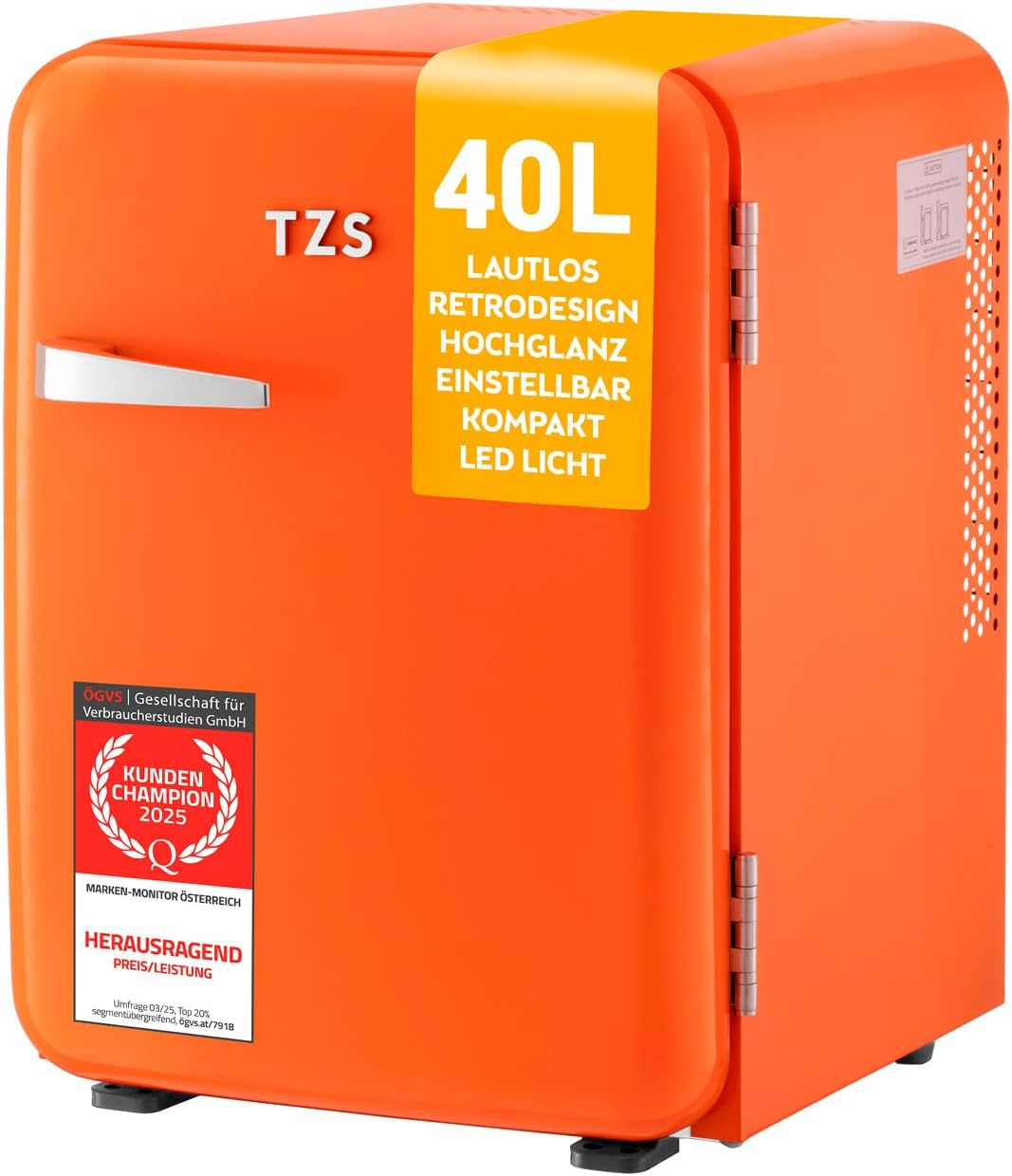 TZS First Austria - Retro Mini Kühlschrank 40L lautlos - Kleiner Minikühlschrank im Vintage-Design mit Innenbeleuchtung & 2 Türfächern - Minibar für Camping, Büro, Schlafzimmer & Hotel - orange