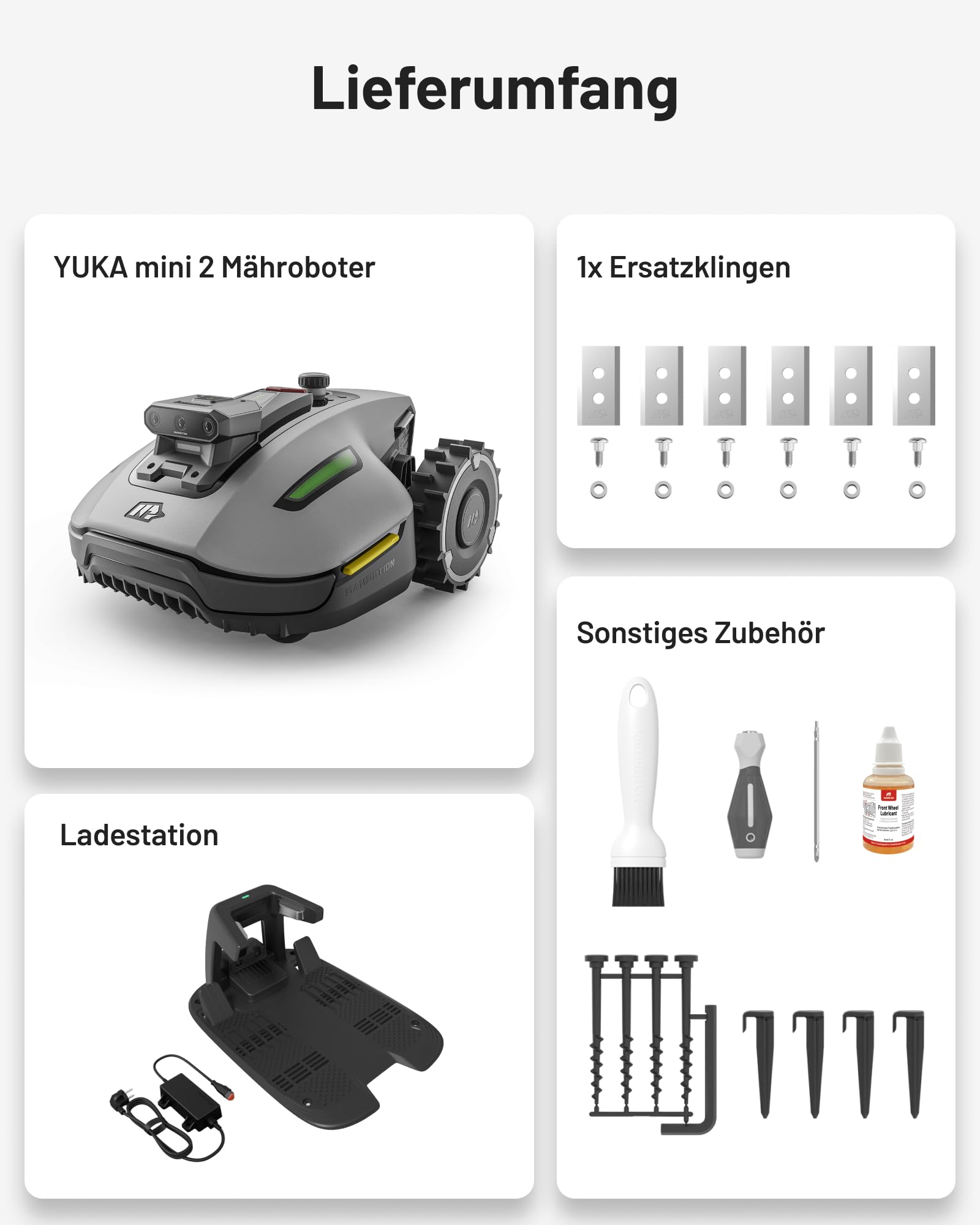 Mähroboter YUKA mini 2 500 ohne Begrenzungskabel, mit AI TrueVision, 19 cm Schnittbreite und 20-60 mm Schnitthöhe