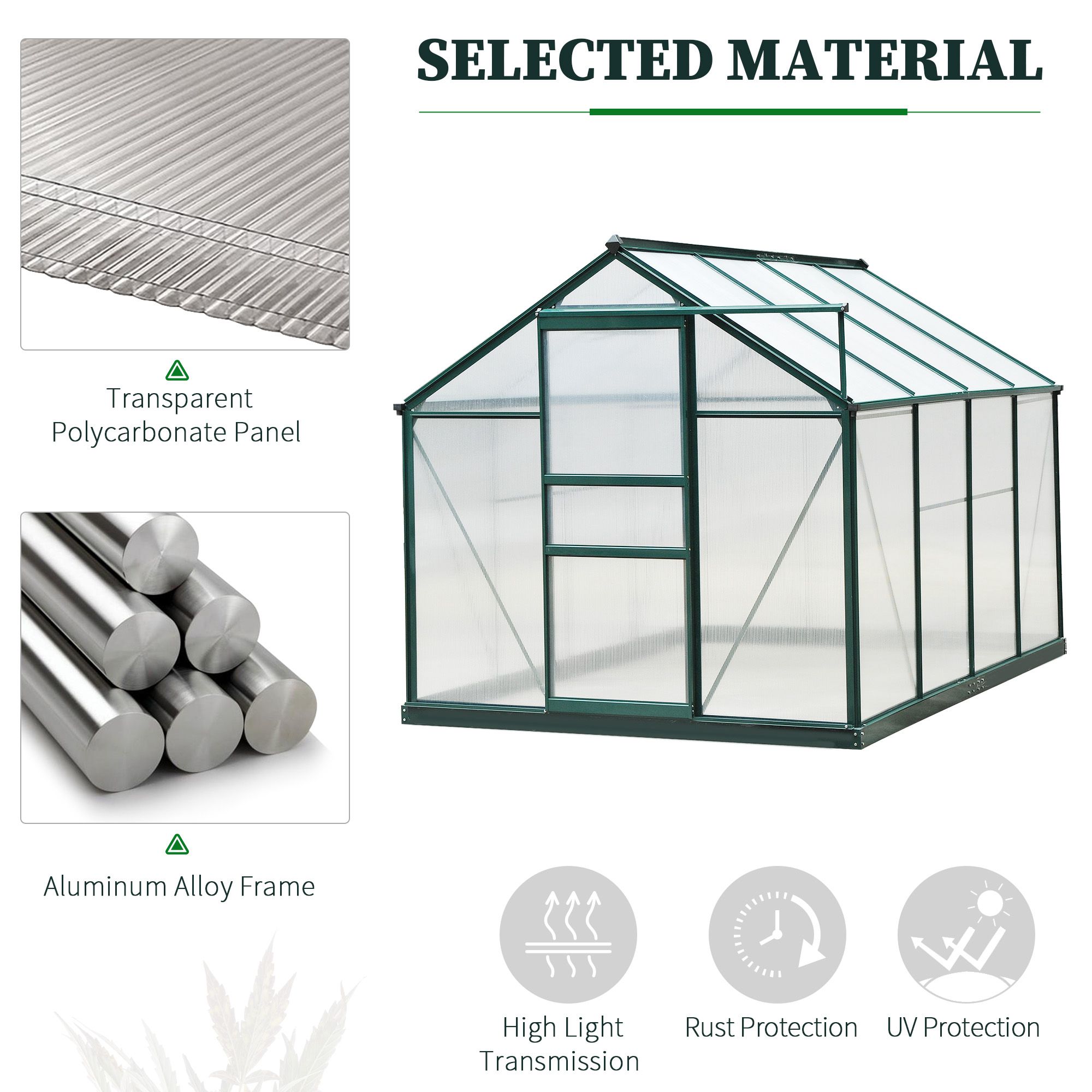 Outsunny kas met polycarbonaat behuizing en dakklep, 190x 252 x 201 cm