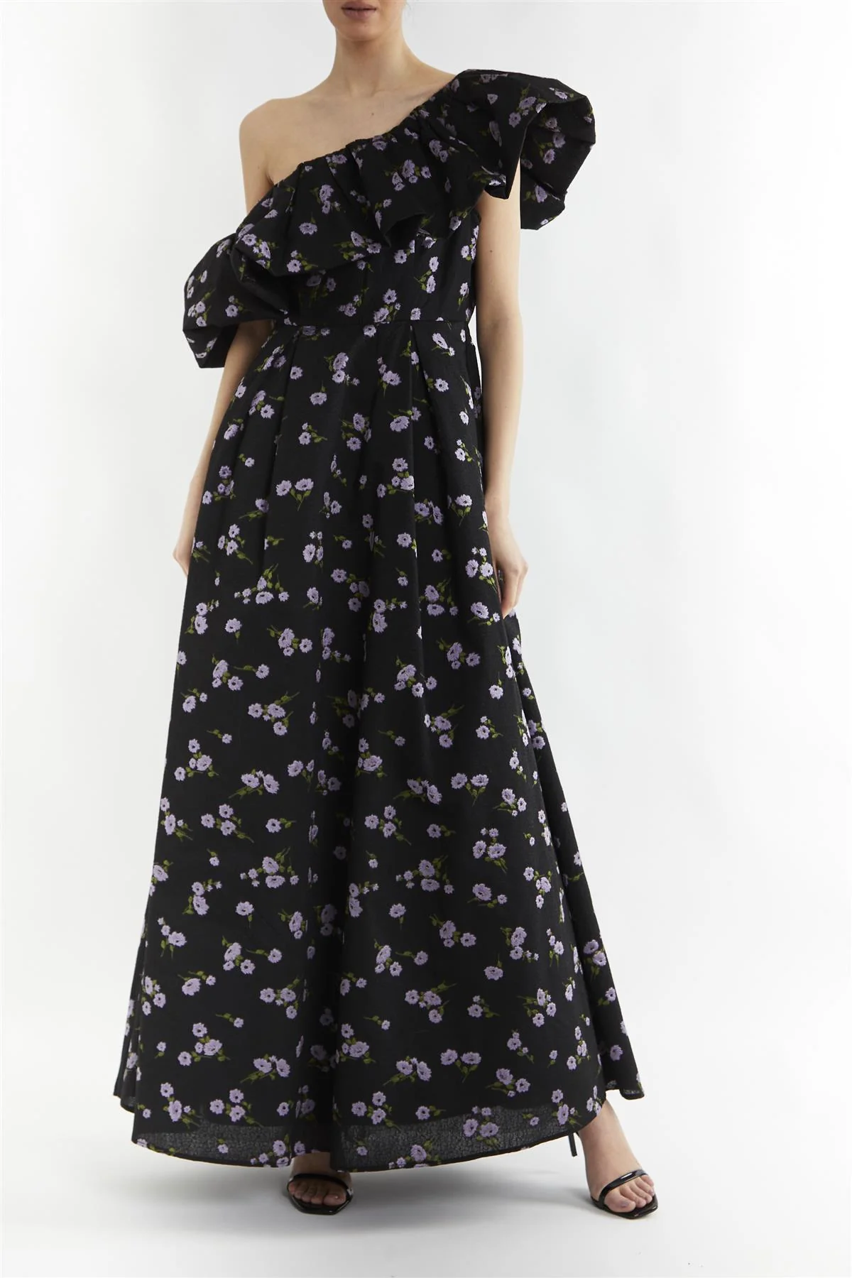 Blake Black-Lilac Brocade Puff One Shoulder Maxi-Dress