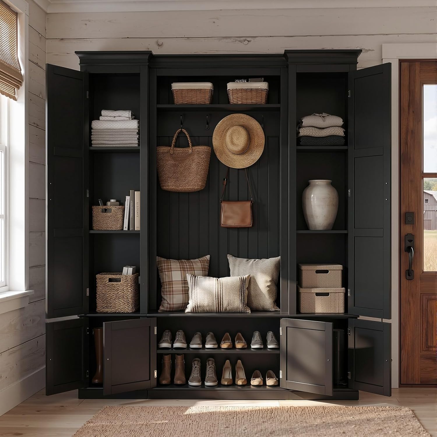 Large Hall Tree with Bench & Rattan Doors, 4-in-1 Entryway Coat Rack with Shoe Storage, 4 Hooks, Shelves, Mid-Century Shoe Bench for Hallway Mudroom, Black, 63.2��W x 15.7��D x 76.8��H