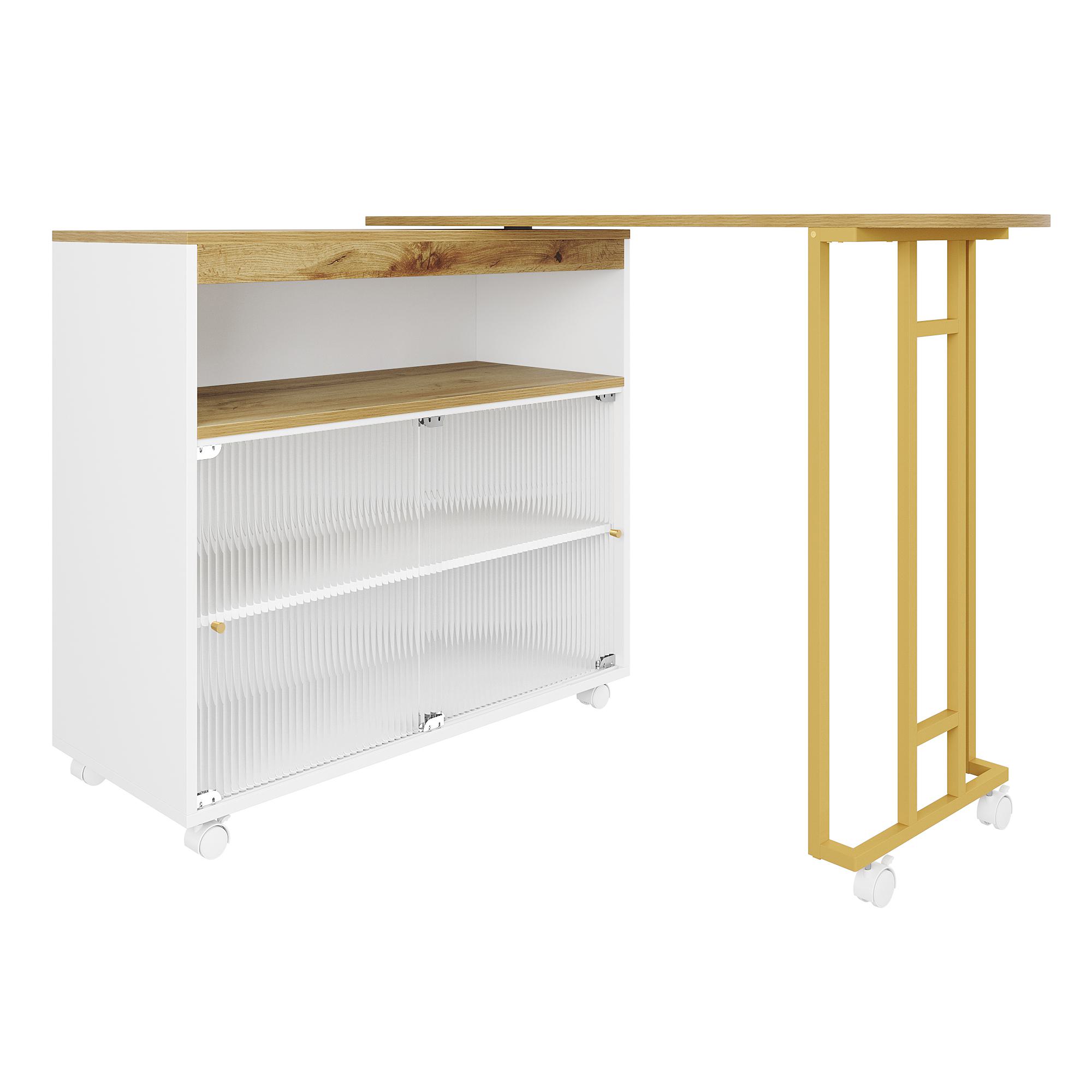 Ausziehbarer Bartisch mit Stauraum, Moderner Bar-Tisch mit LED, Beweglicher Stehtisch mit Schiebetüren, 138-204×39×105cm, Weiß