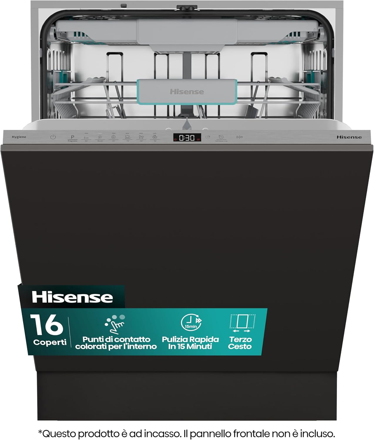 Hisense HV16A - Lavastoviglie, 16 coperti, 3 cesto, 8 programmi, motore inverter, partenza ritardata, total dry, Intensive Clean Zone, touch, incasso