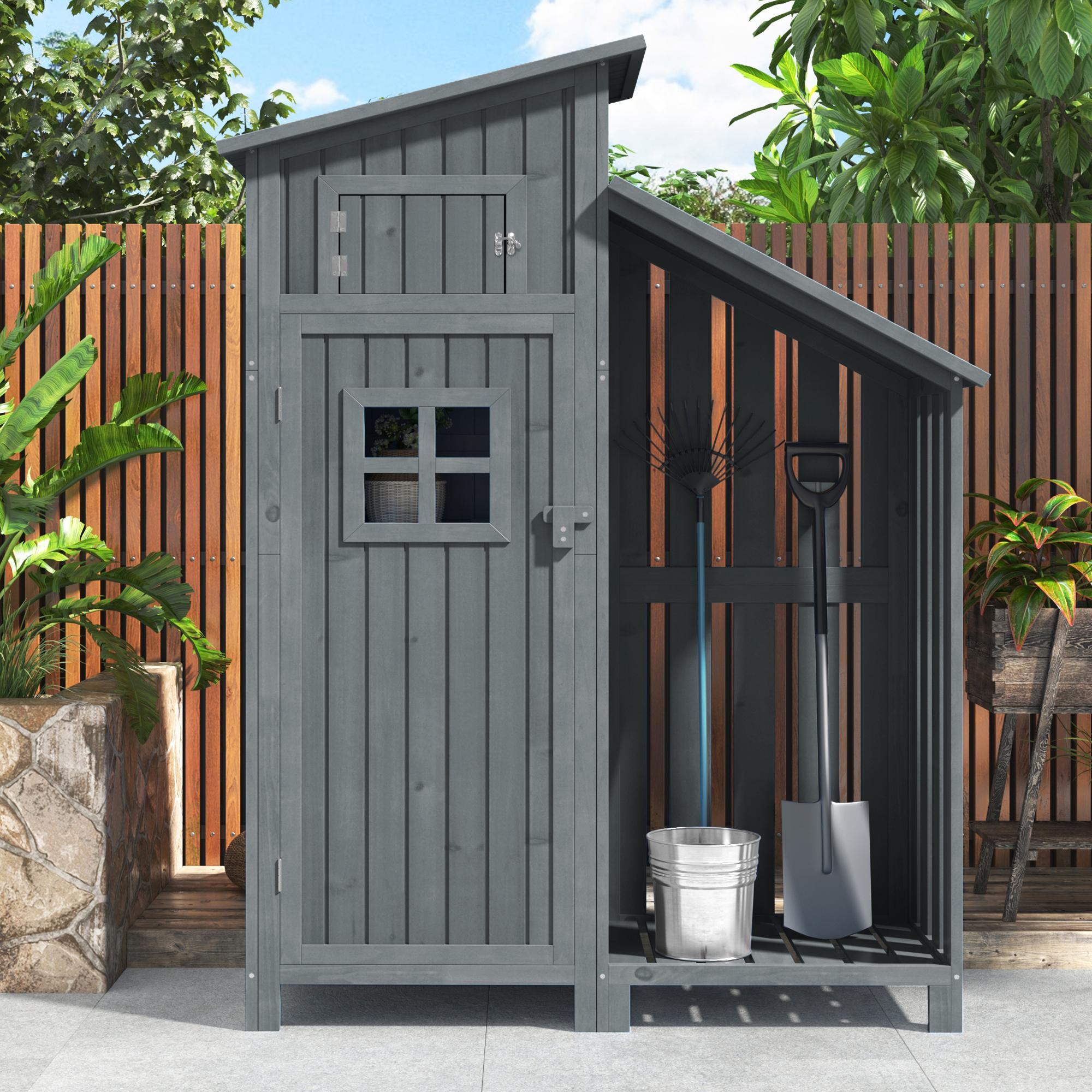Gartenschrank 118x54x173 cm Holz mit 2 Regalen und großem Stauraum für Garten Geräte, Grau