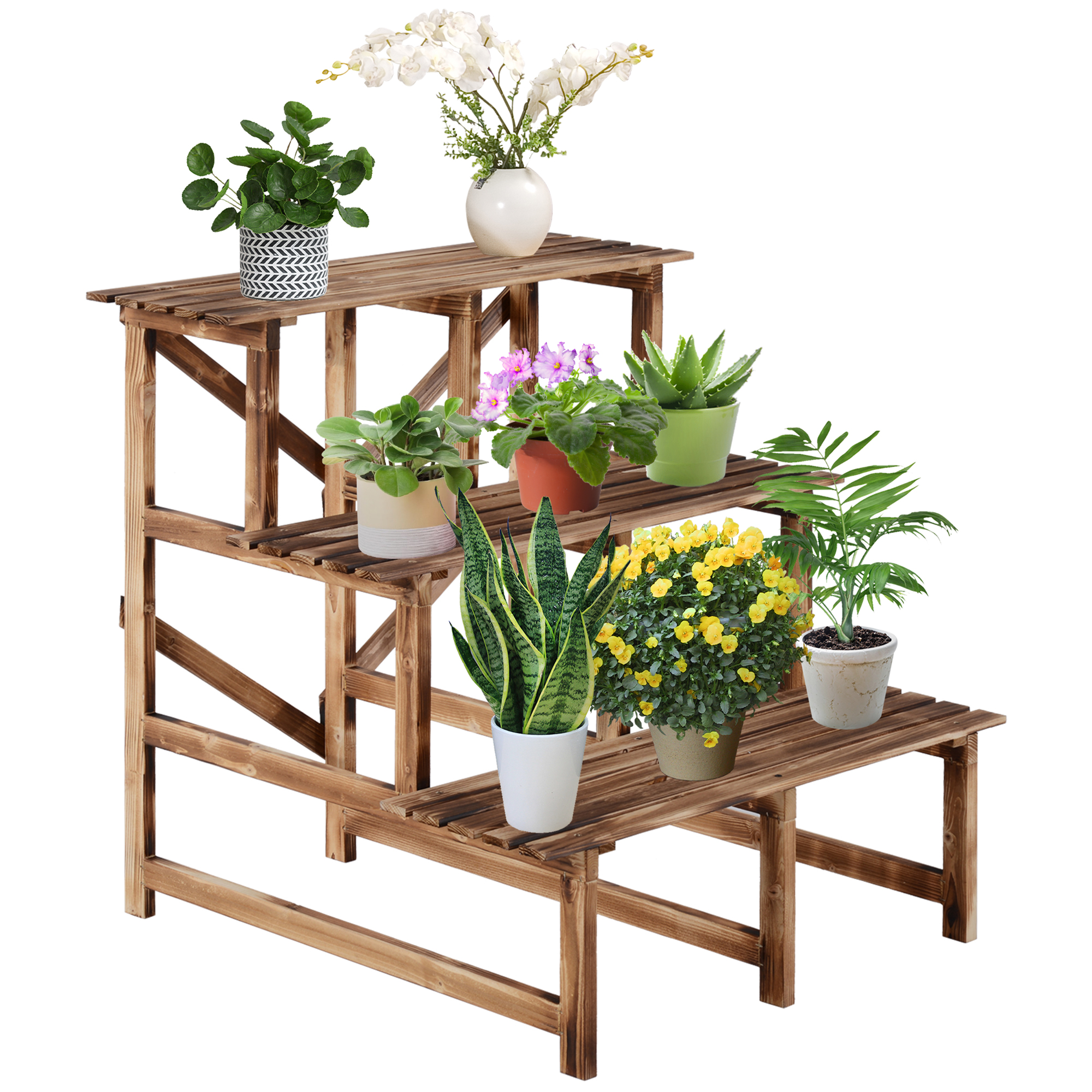 Outsunny Pflanzentreppe, Blumentreppe, Blumenregal, Pflanzregal, Blumenständer, 3 Stufen, Tannenholz, 80 x 80 x 78cm