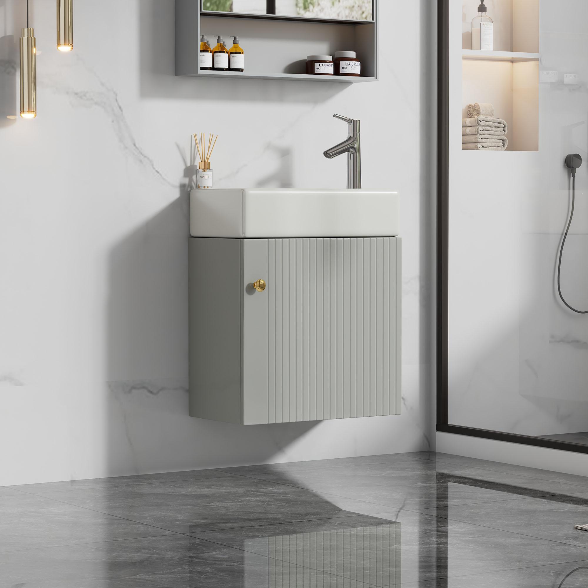 Badezimmer-Waschbecken mit Waschtischunterschrank, hängend, mit Stauraum, 46×26×56 cm, Grau＋Weiß