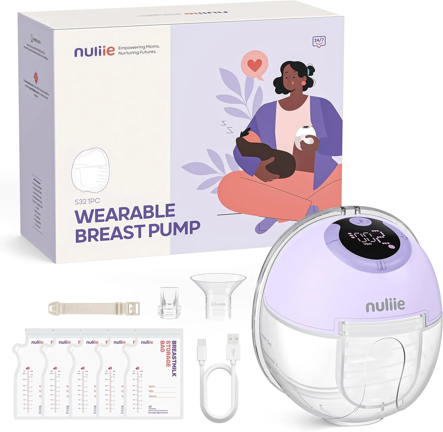 Nuliie Elektrische Borstkolf Draagbare S32, Handsfree Elektrische Borstkolf 4 Modi 9 Niveaus met 18/21/24 mm comfortabele flens, discreet, met reserveonderdelen inbegrepen (2 stuks, wit)