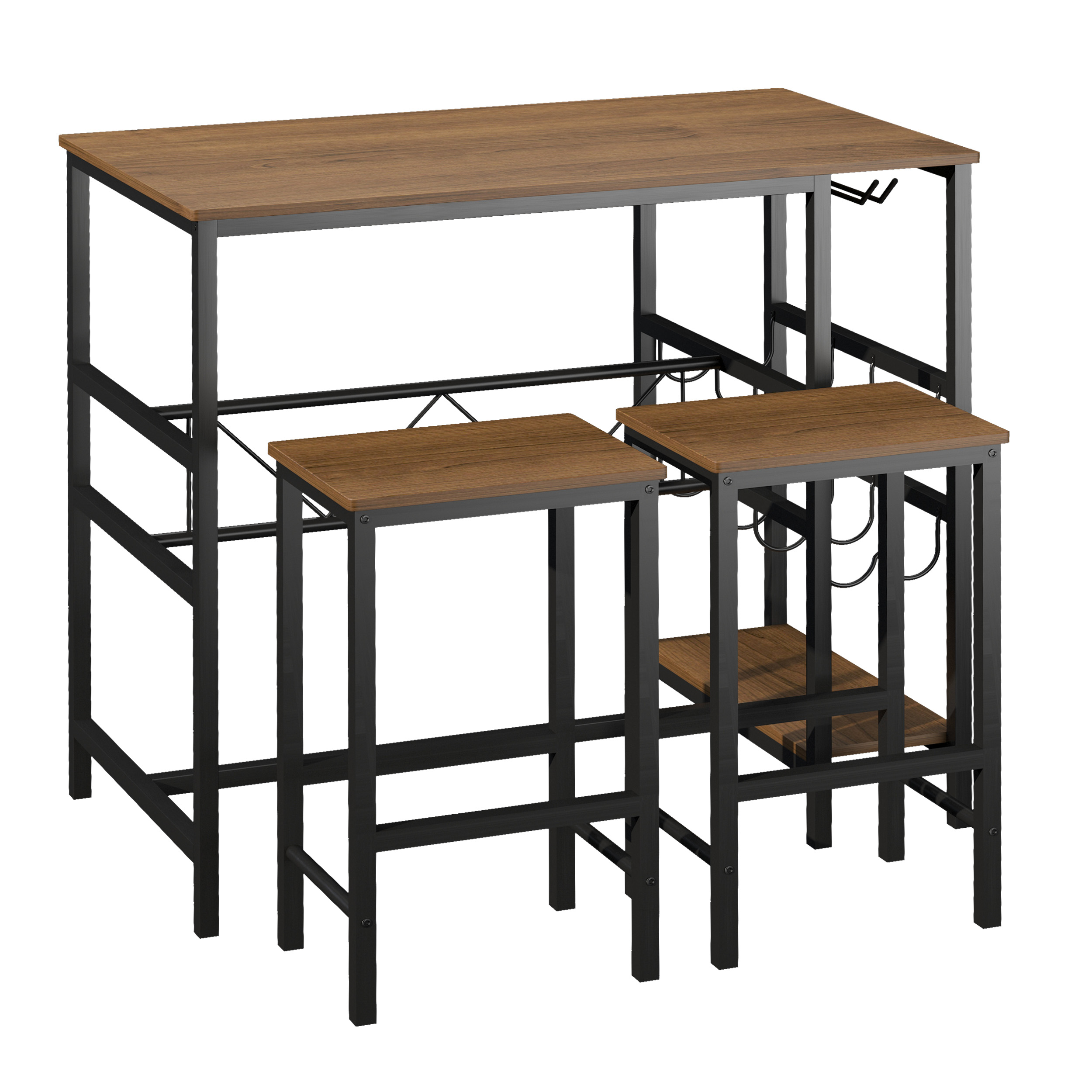 HOMCOM Bartisch-Set, Stehtisch mit 2 Barhockern, 3-teiliges Tischset Küchentresen mit Flaschenhalterung Spanplatte, Stahl, Natur+Schwarz, 108 x 60x 95H cm