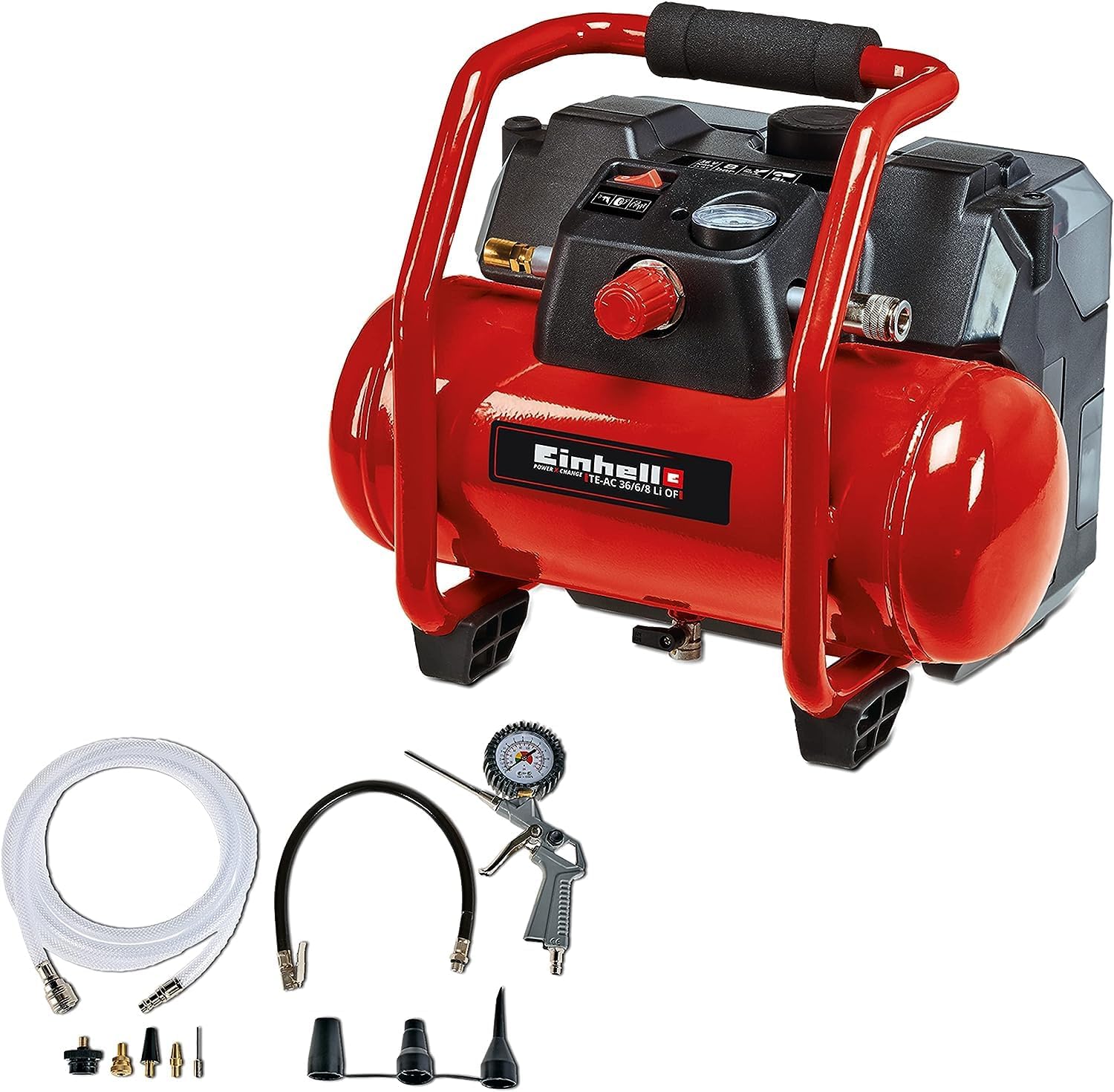 Einhell Akku-Kompressor TE-AC 36/6/8 Li OF Set Power X-Change (36 V, ohne Akku), 6 l-Tank, 130 l/min Ansaugleistung, max. 8 bar, ölfrei