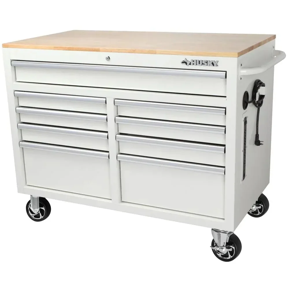 Mobile workbench with 9 drawers, hardwood top and power connection, 117 cm W x 62 cm D �C high-gloss black