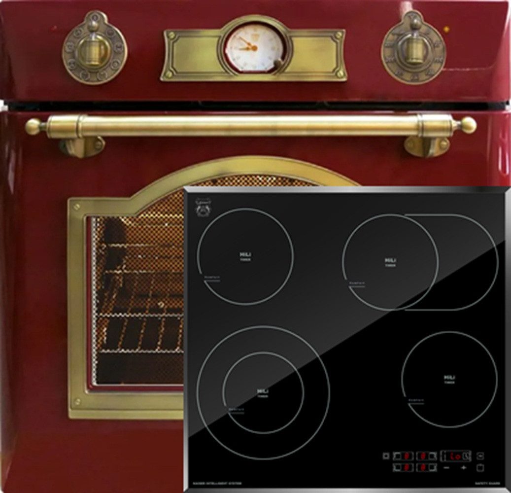 Backofen-Set Herd Set Autark Elektro Einbau Backofen Autark 60cm 67L 8 Funktionen mit High Light Glaskeramik Kochfeld 60cm Schwarz glas Facettenschliff-Kanten EH 6355 RotEm +KCT 6115 F