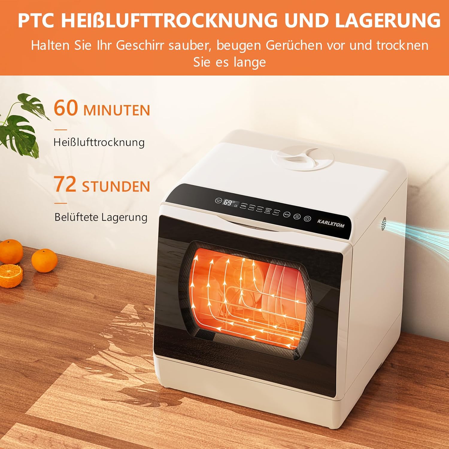 Karlxtom TDQR03A Mini Geschirrspüler, 6 Programme freistehender Tischgeschirrspüler, Spülmaschine mit 2 Wasserversorgungsmodi, Auto-Trocknung, Perfekt für kleine Familien und Paare