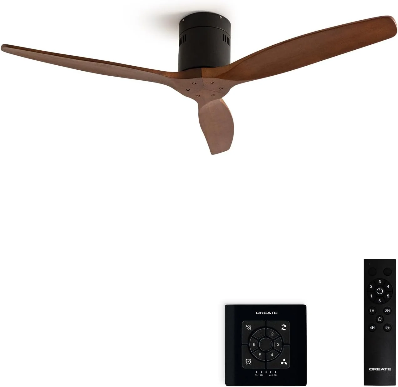 CREATE / WINDCALM M/Deckenventilator ABS Schwarz Dunkelholzflügel-Optik mit Fernbedienung und Wandschalter / 40W, Leise, Ø132cm, DC-Motor