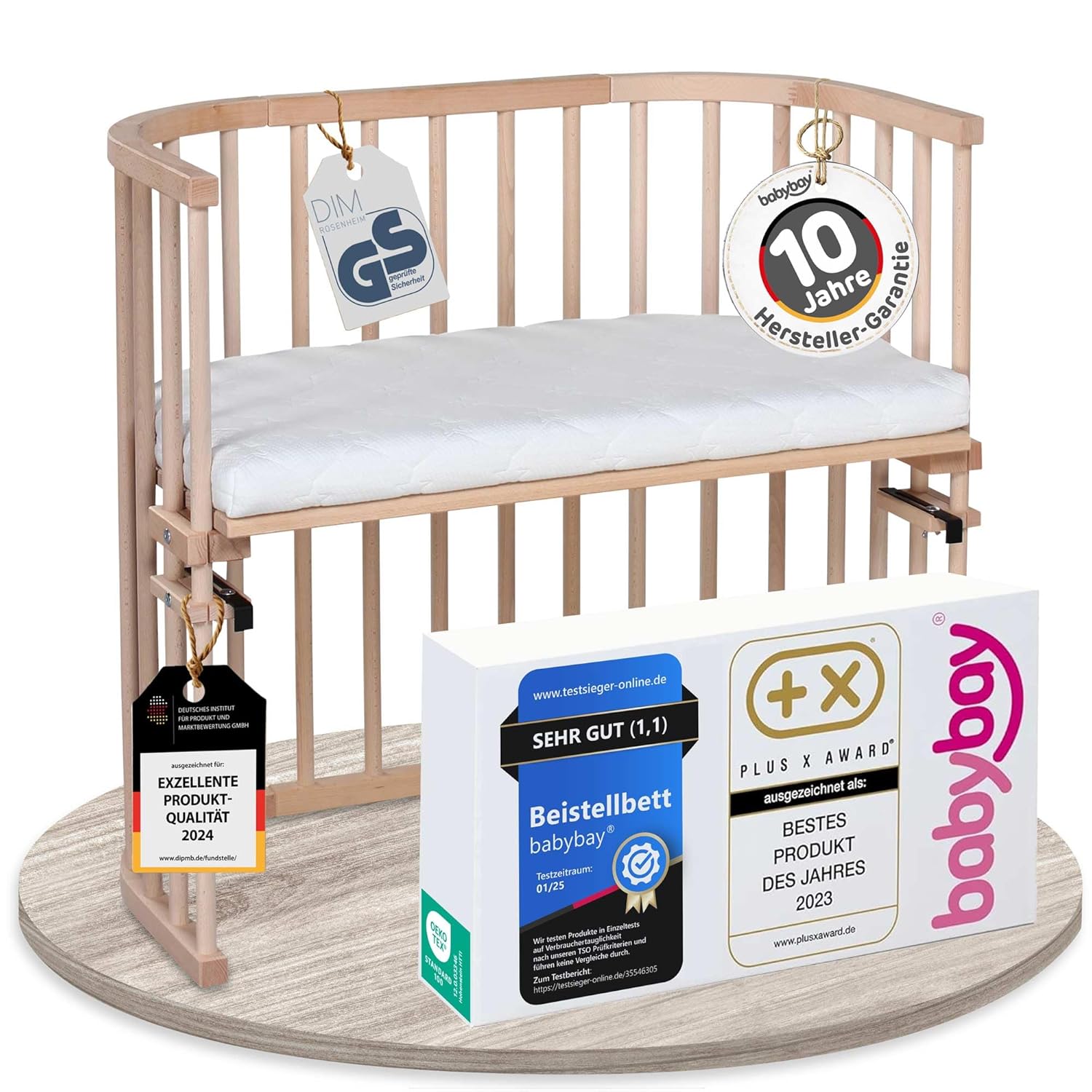 babybay Original Beistellbett aus massivem Buchenholz / kompakt & verwandelbar / Kinderbett Höhe stufenlos verstellbar & umweltfreundlich / mitwachsendes Babybett (weiß lackiert) / inkl. Matratze