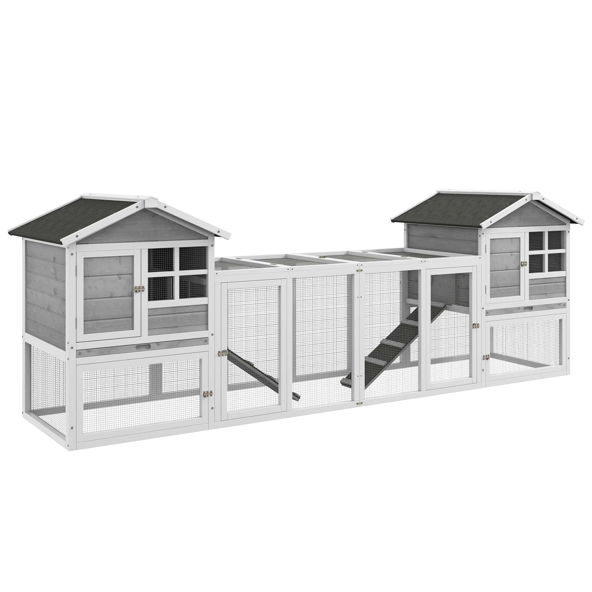 Easycomfort Conigliera in Legno da Esterno con 2 Casette e Area Aperta Recintata con Porte e Rampe, 259x64x92 cm, Grigia