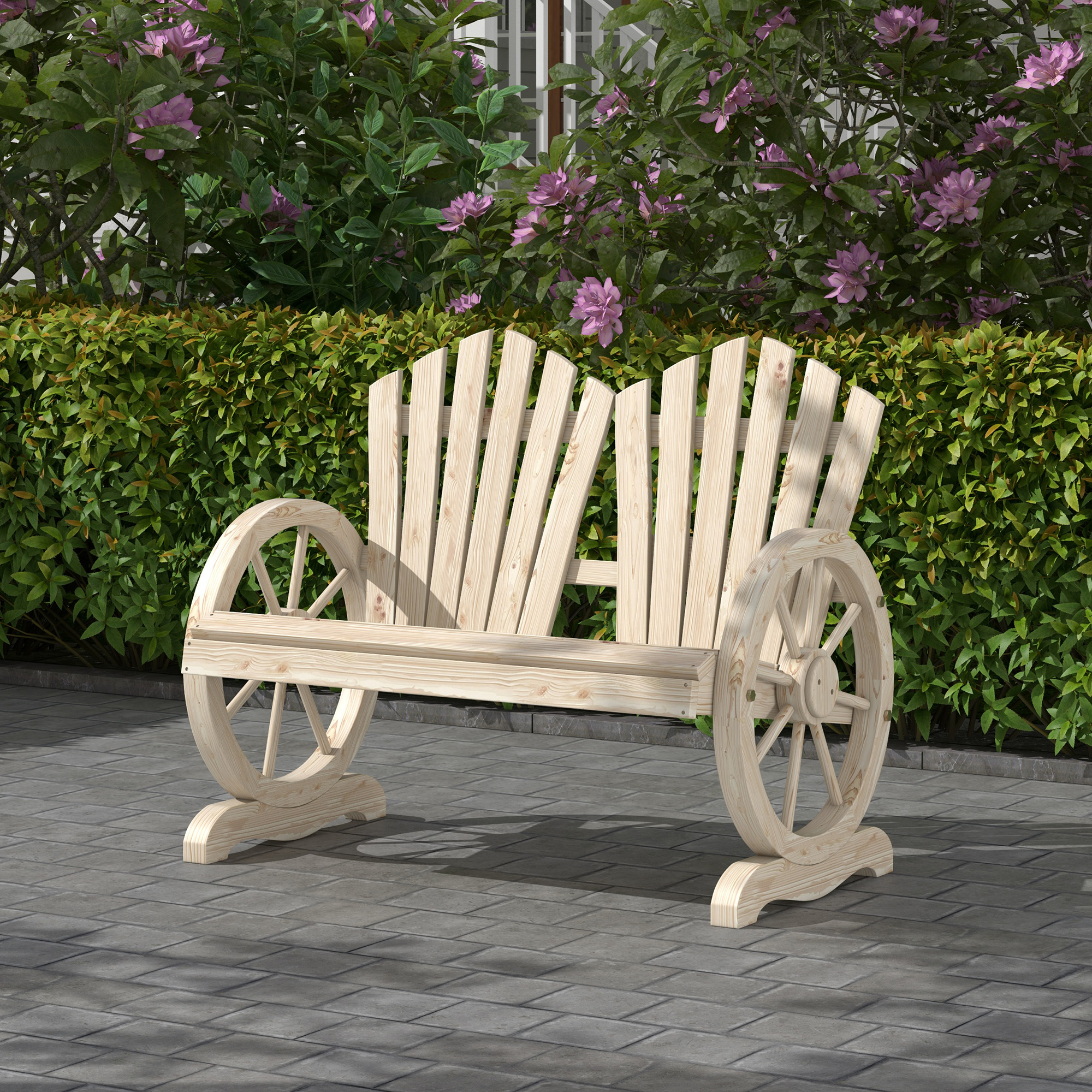 Outsunny Gartenbank, Wagenrad-Design, für 2 Personen, Naturholz