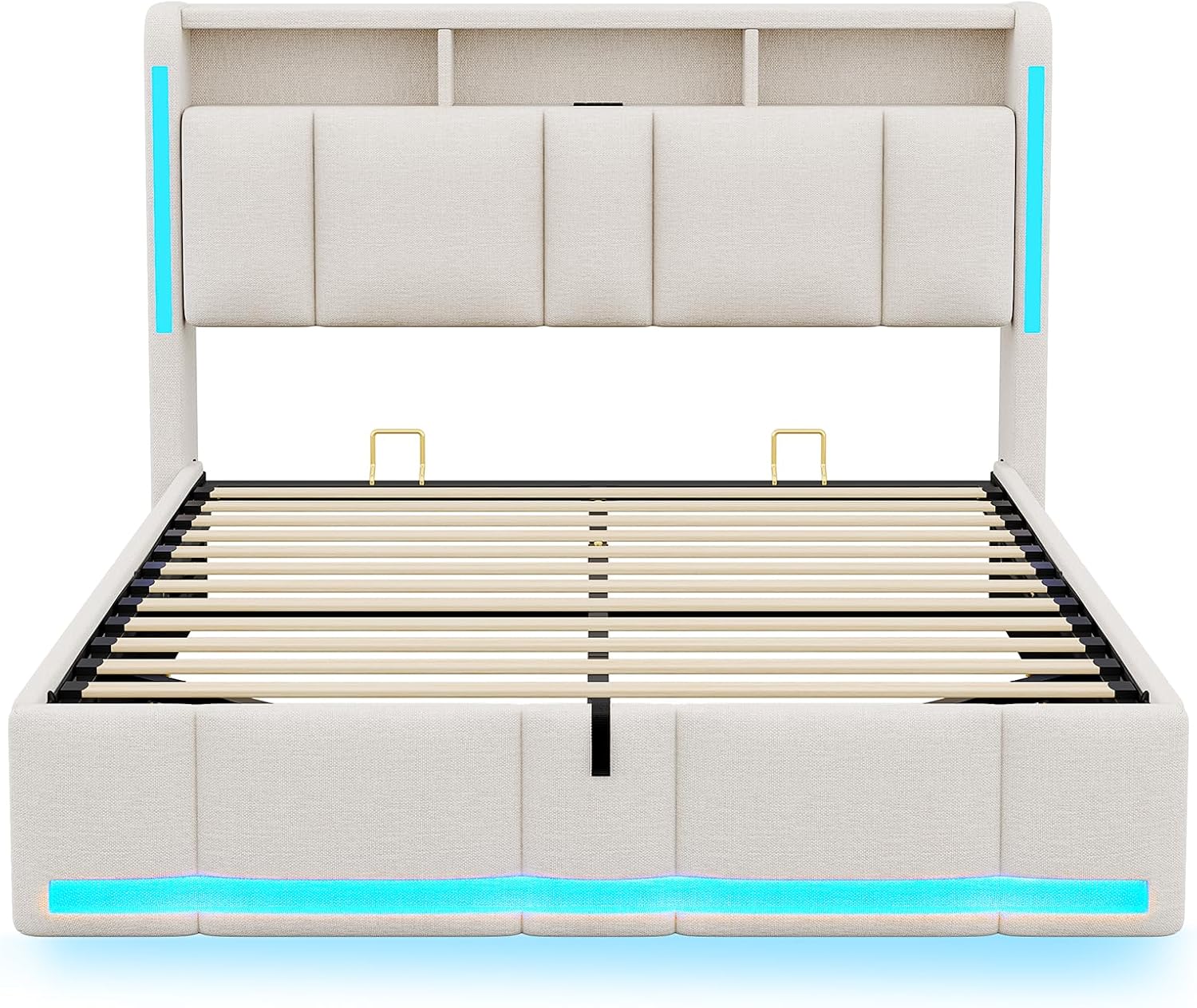 AOGLLATI Polsterbett 140×200 mit Steckdosen & LED Beleuchtung, Doppelbett mit Stauraum Kopfteil & Hydraulischem Stauraum, Bettgestell mit Lattenrost, Jugendbett 140×200, Linen, Ohne Matratze, Beige