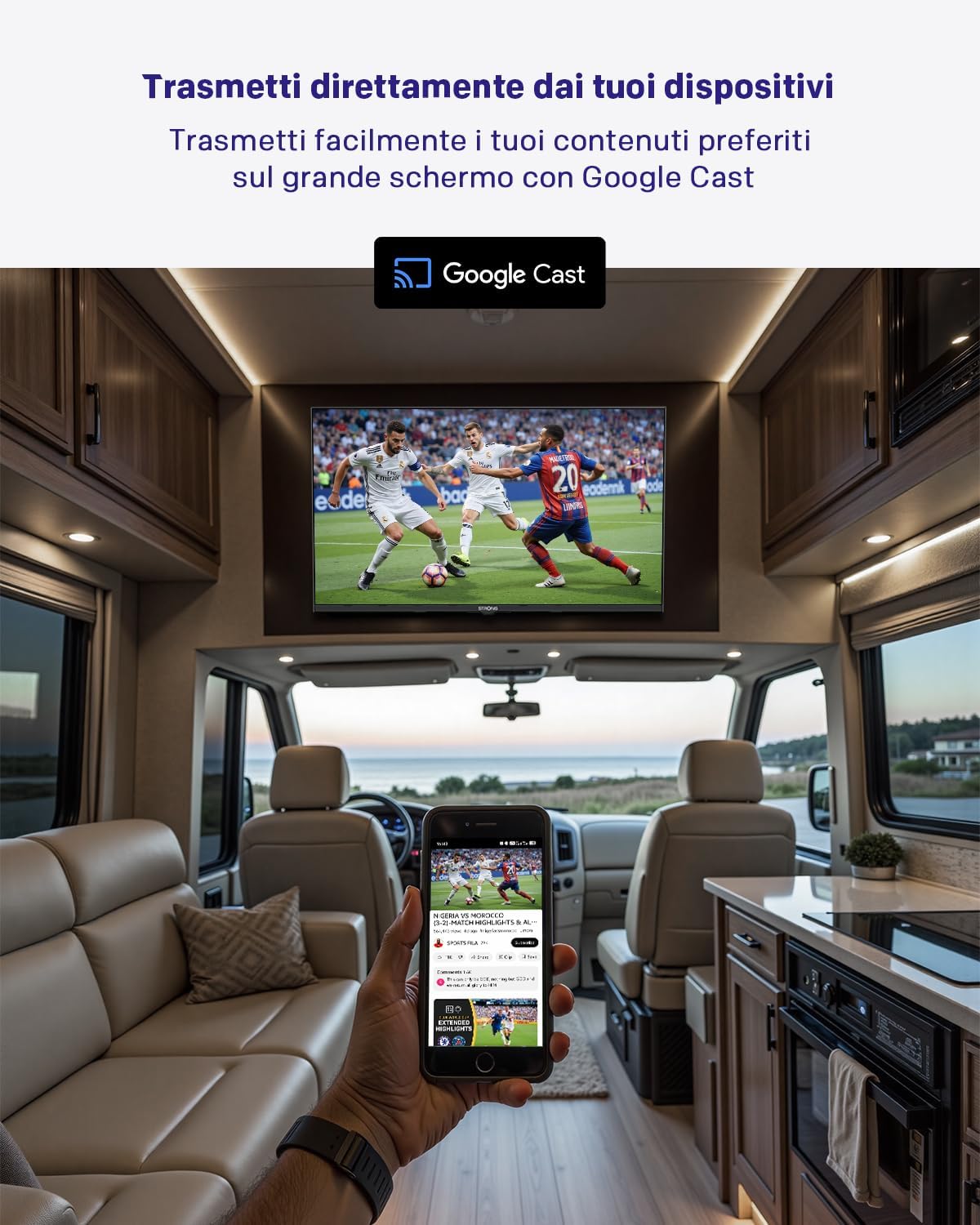 Strong SRT32HG4723C 32'' TV HD - DVB-S2/C/T2, 12V Ideale per camper, cucina, camera da letto, barca, 2 porte HDMI (1 ARC) + 1 porta USB + Mini-AV + Presa antenna/satellite - Nero