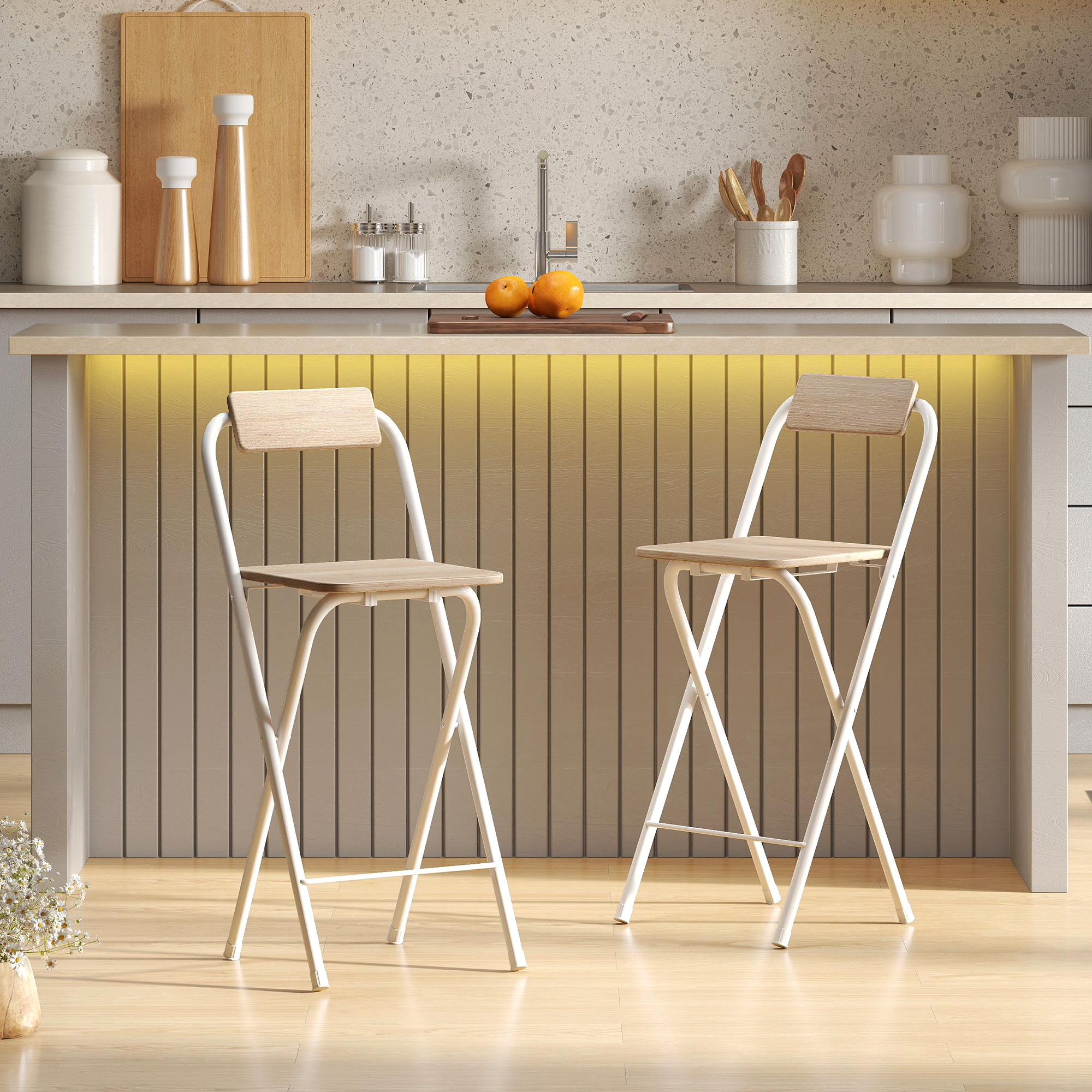 HOMCOM Set mit 2 klappbaren Barhockern mit Rückenlehne und Fußstütze, Stahlgestell, 87 cm hoch, natürliche Holzoptik