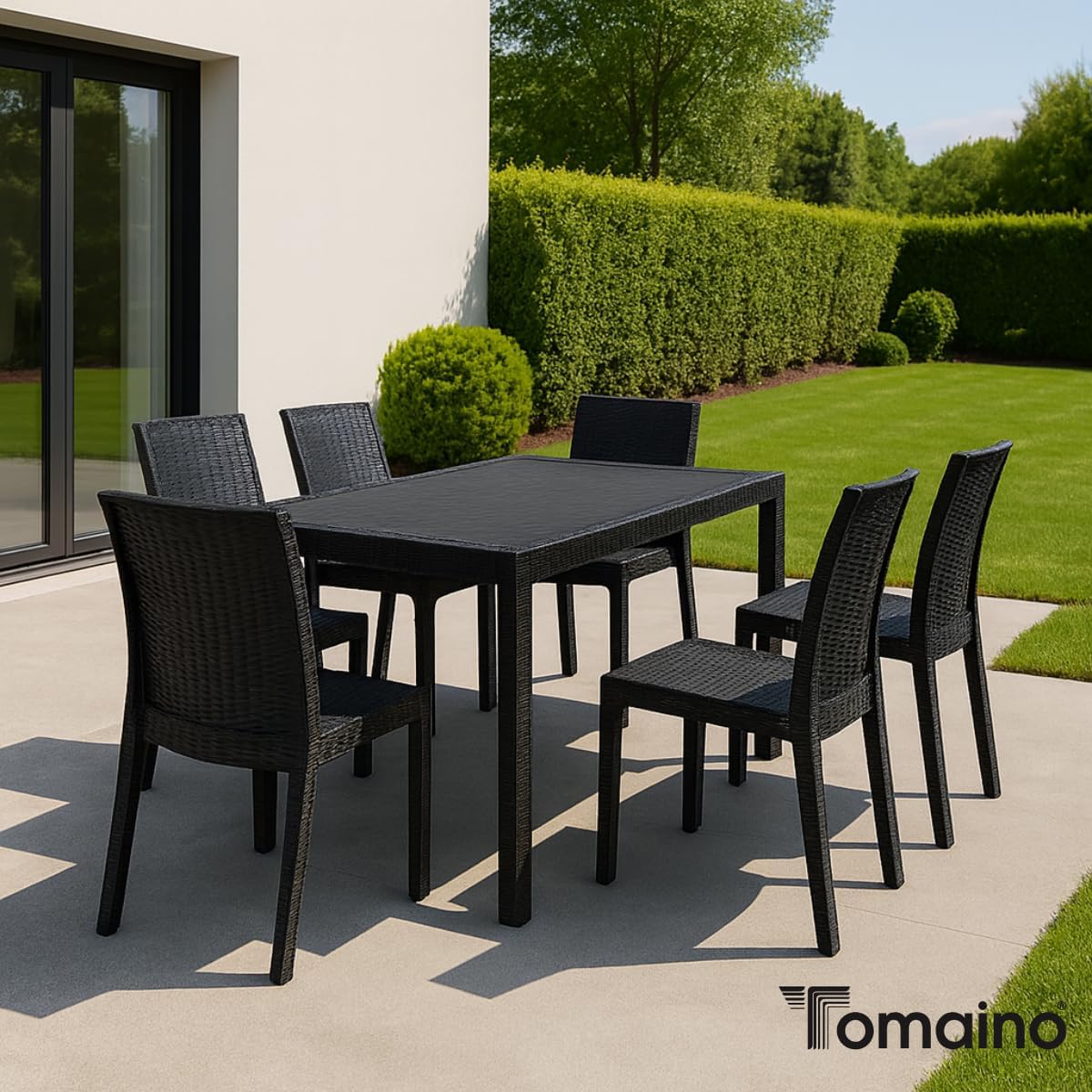 Tomaino - Set of 6 Stackable Plastic Garden Chairs and Chairs - Outdoor Chair and Table Dining Set 6 Seater Polypropylene Rattan Effect - 150 x 90 x 74h cm - for Balcony, Terrace (Black)