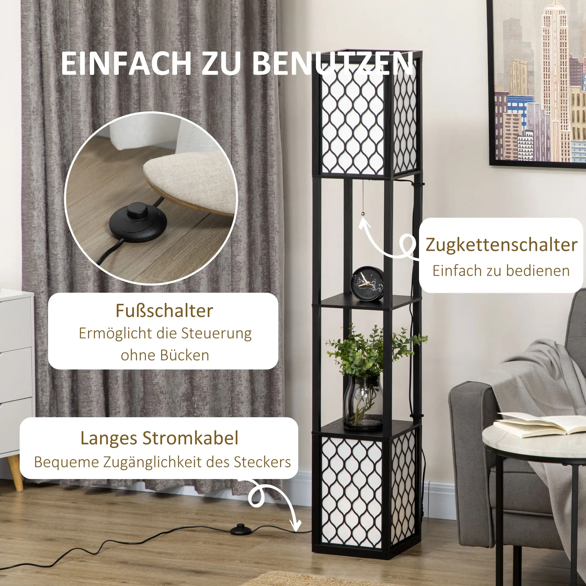 HOMCOM Stehlampe mit 2 Ablagen Regal Standlampe
